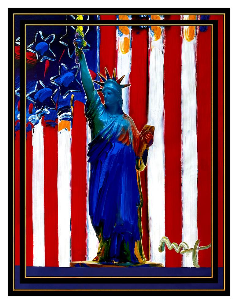 PETER MAX original signed PAINTING UNITED WE STAND Liberty HEAD Delta statue of - Painting by Peter Max