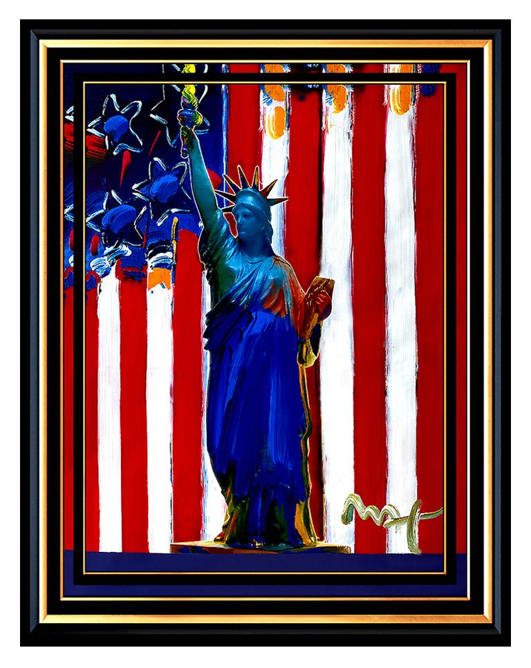 Peter Max Portrait Painting - PETER MAX original signed PAINTING UNITED WE STAND Liberty HEAD Delta statue of