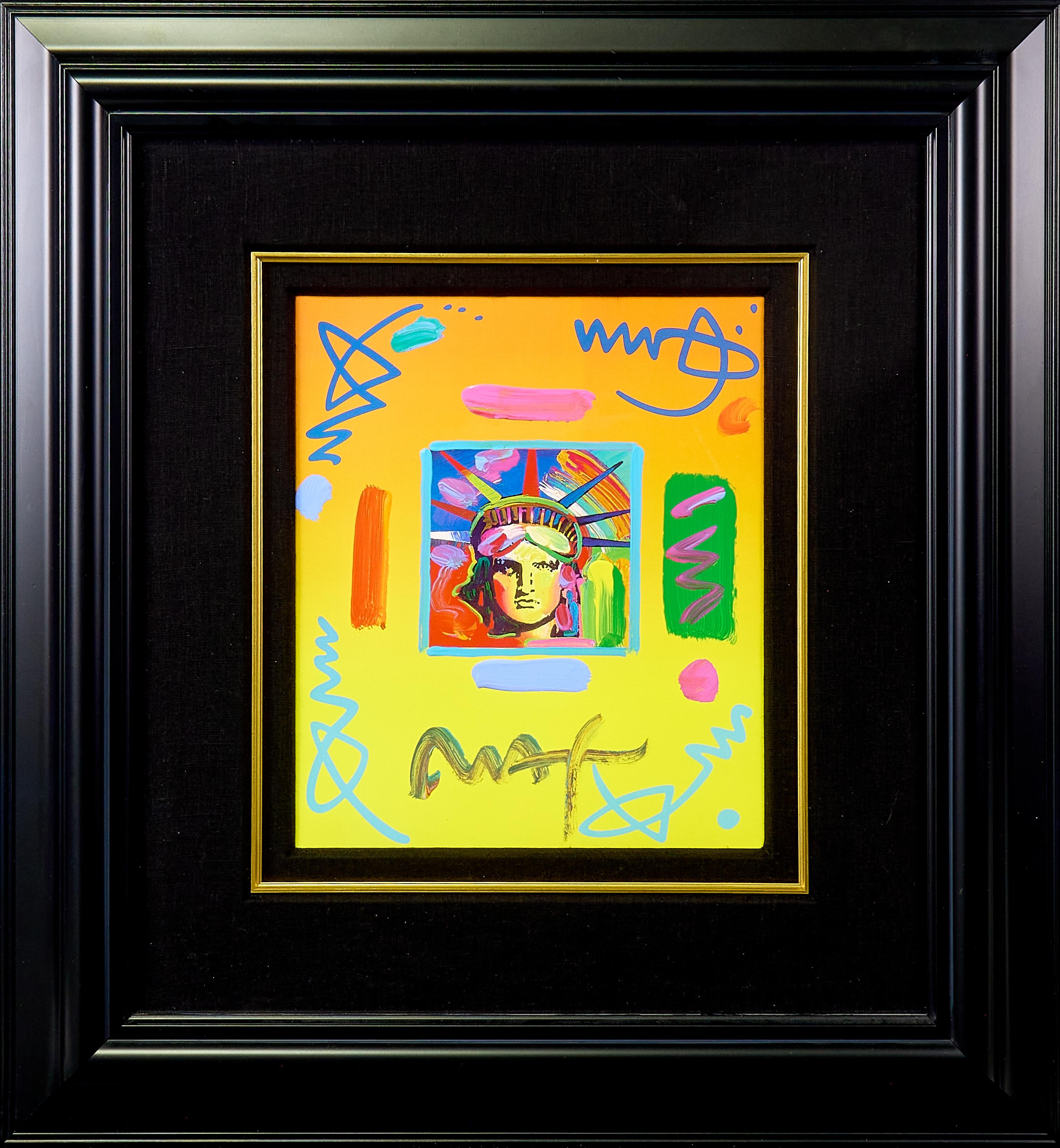 Artist: Peter Max
Title: Liberty Head II Collage
Medium: Mixed Media on Paper
Sheet Size: 14" x 12.25"
Frame Size: 27.5" x 25.5" x 1"
Year: 1997
Inscription: Signed "Max" on front
Documentation: Includes original gallery paperwork from Park