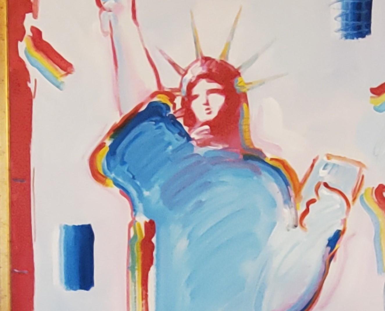 This Peter Max Original Acrylic on Canvas Painting is stunning in person and would be a statement piece in any room. The painting is a wonderful representation of the Statue of Liberty, for which Max is famous. The piece is elaborately custom framed