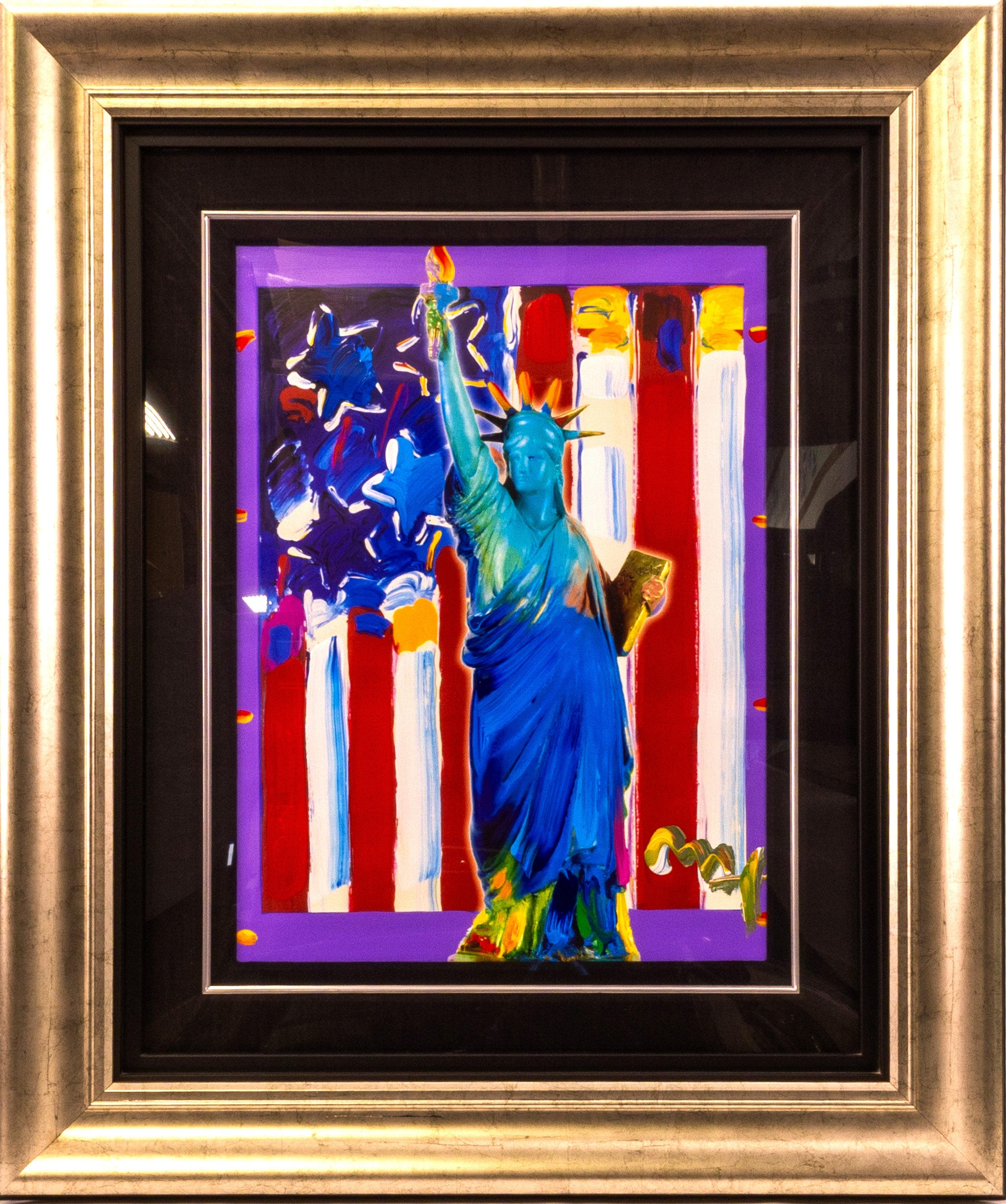 Artist: Peter Max
Title: United We Stand II
Medium: Mixed Media on Paper
Artwork Dimensions: 24" x 18"
Frame Dimensions: 38" x 32" x 2"
Year: 2005
Inscription: Signed "Max" on front

Peter Max's "United We Stand II" exemplifies the artist's