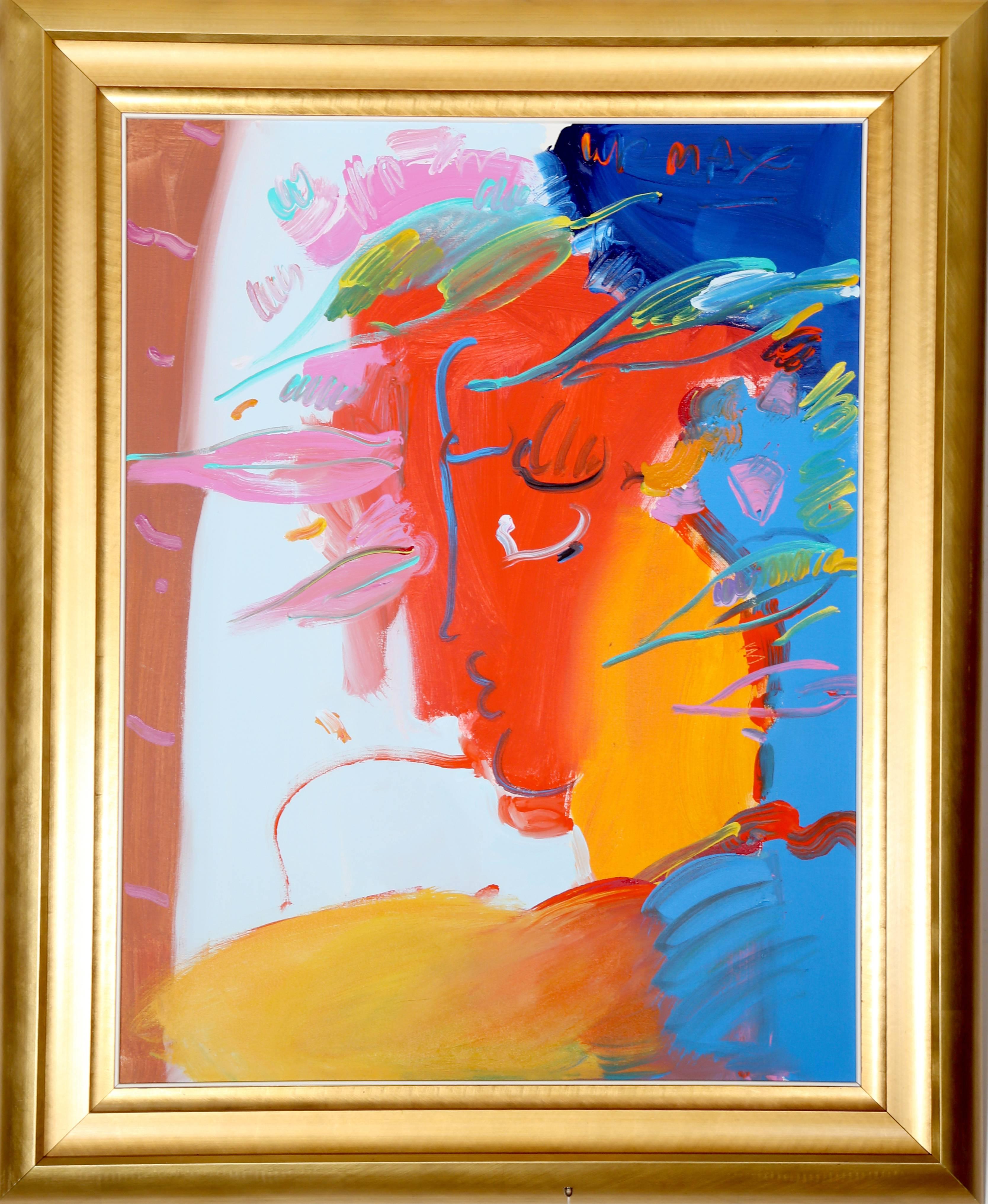 Artist: Peter Max, German/American (1937 - )
Title: Profile
Year: 1986
Medium: Acrylic on Canvas, signed u.r.
Size: 40 in. x 30 in. (101.6 cm x 76.2 cm)
Frame Size: 49.5 x 39.5 inches 