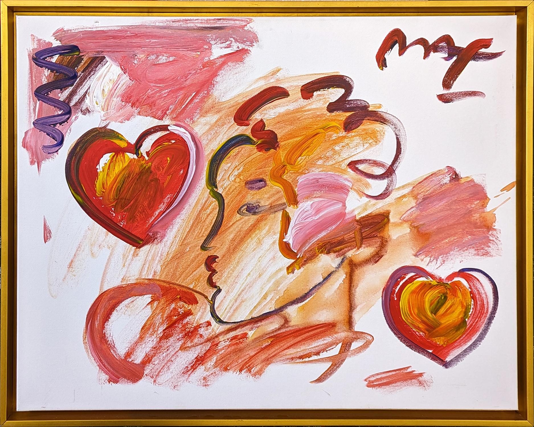 Portrait Painting Peter Max - PROFIL AVEC DES CŒURS ROUGES