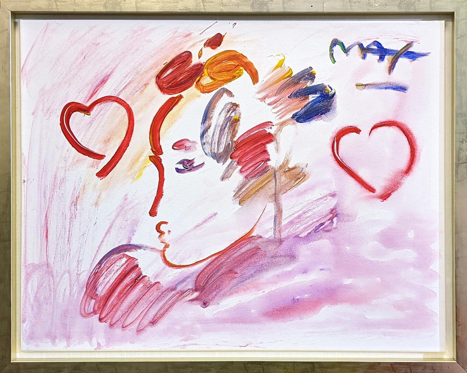 Peter Max Figurative Painting - Profile with Two Hearts (original painting on canvas)