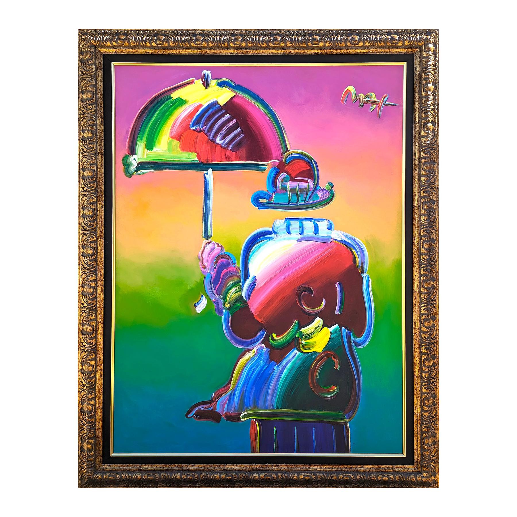 Bright, colorful abstract painting by German-American artist Peter Max. The work features a man holding an umbrella with a floating bowler hat. Signed in the front upper right corner. Additional certification included on the reverse. Currently hung