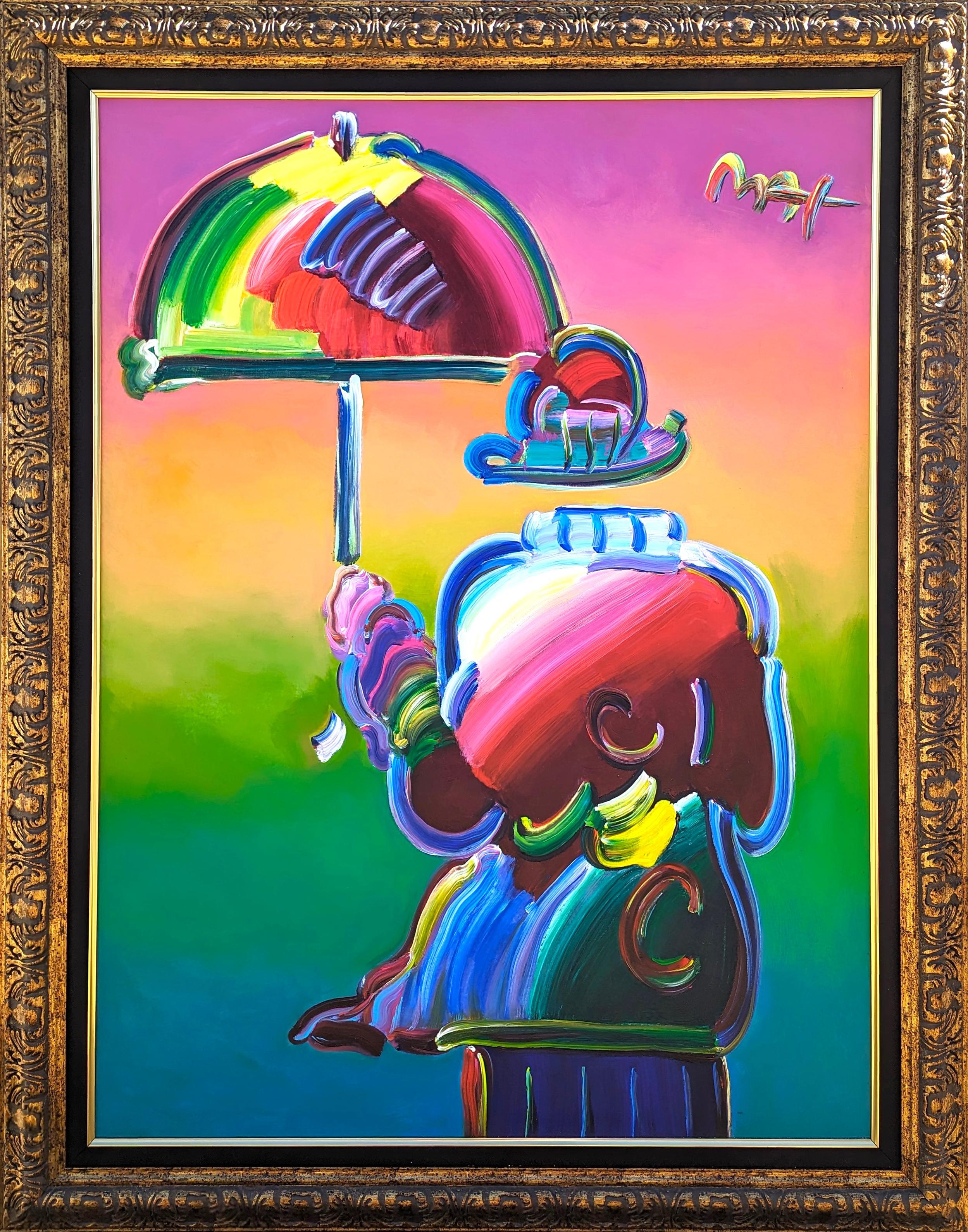 Peter Max Abstract Painting - “Umbrella Man IV Ver. 2” Colorful Contemporary Figurative Abstract Pop Painting