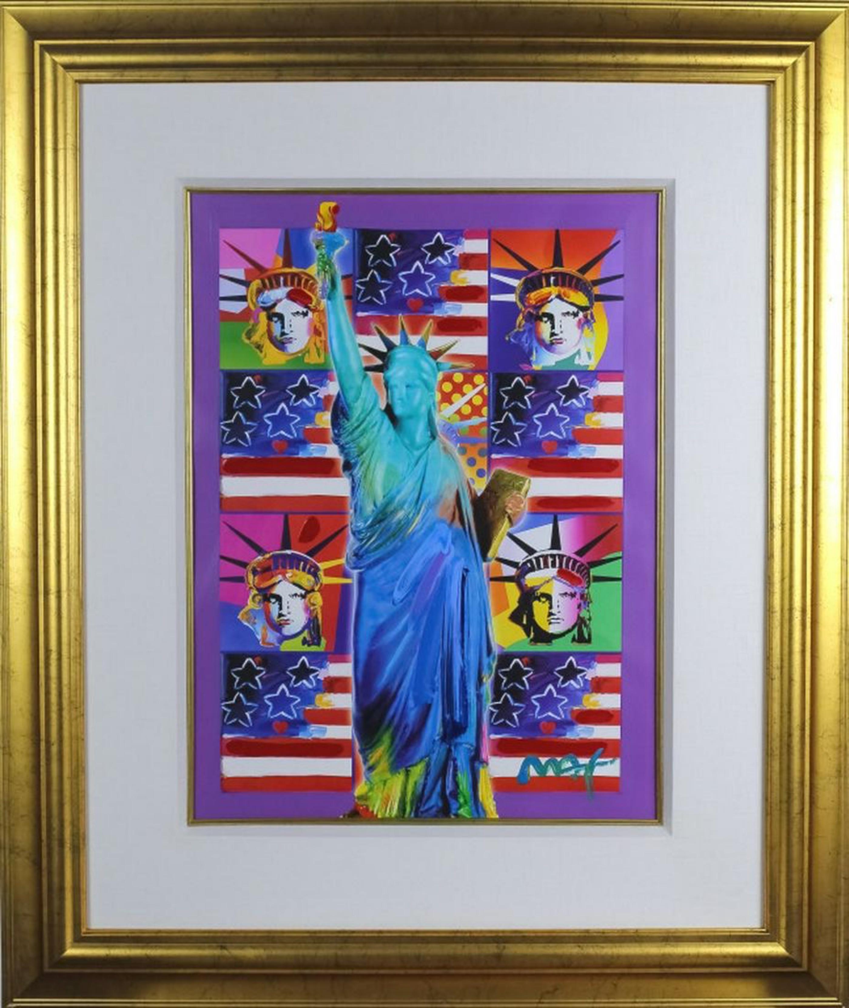 United We Stand: Vier Freiheitsstatuen mit blauem, einzigartigem, signiertem, gerahmtem Gemälde – Painting von Peter Max