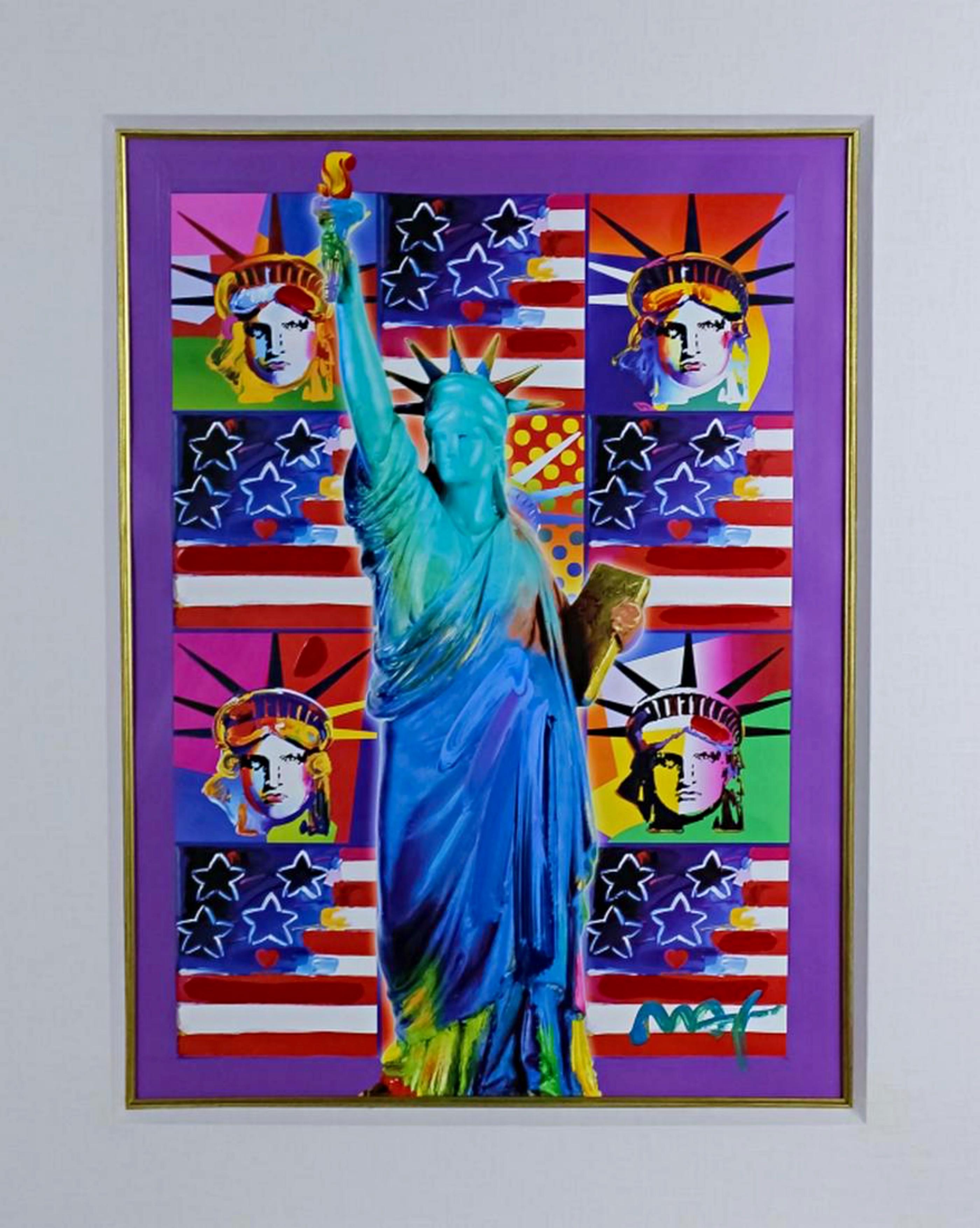 United We Stand: Vier Freiheitsstatuen mit blauem, einzigartigem, signiertem, gerahmtem Gemälde (Pop-Art), Painting, von Peter Max