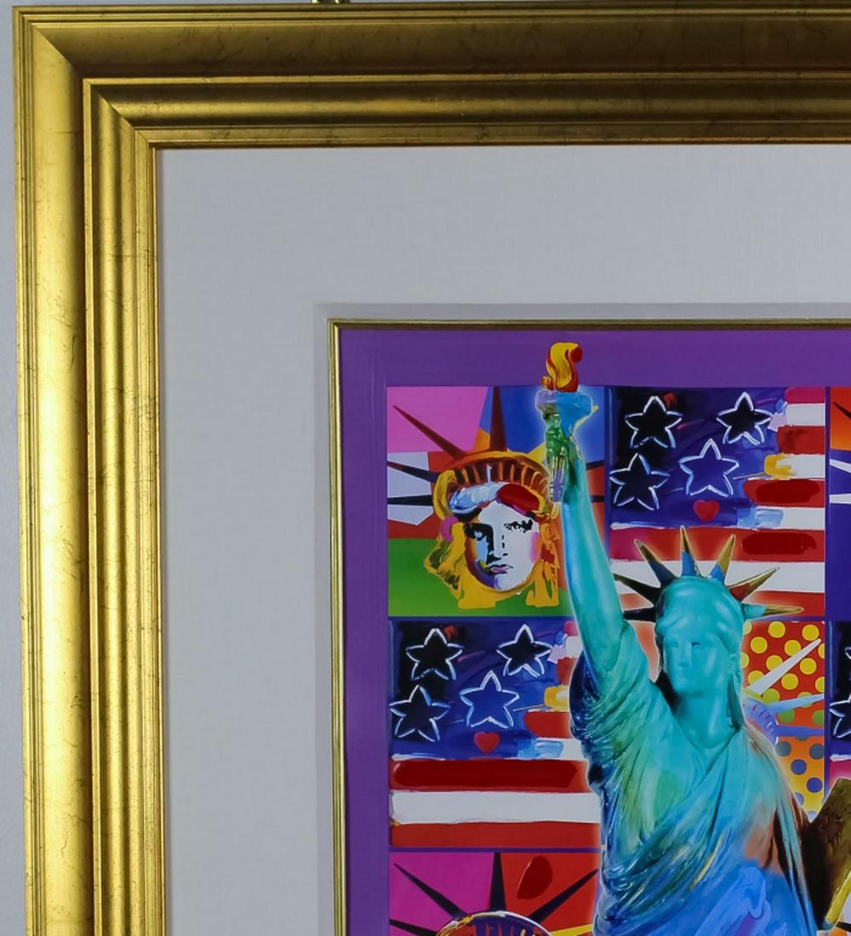 United We Stand: Four Statues of Liberty with Blue Unique Signed Painting Framed For Sale 1