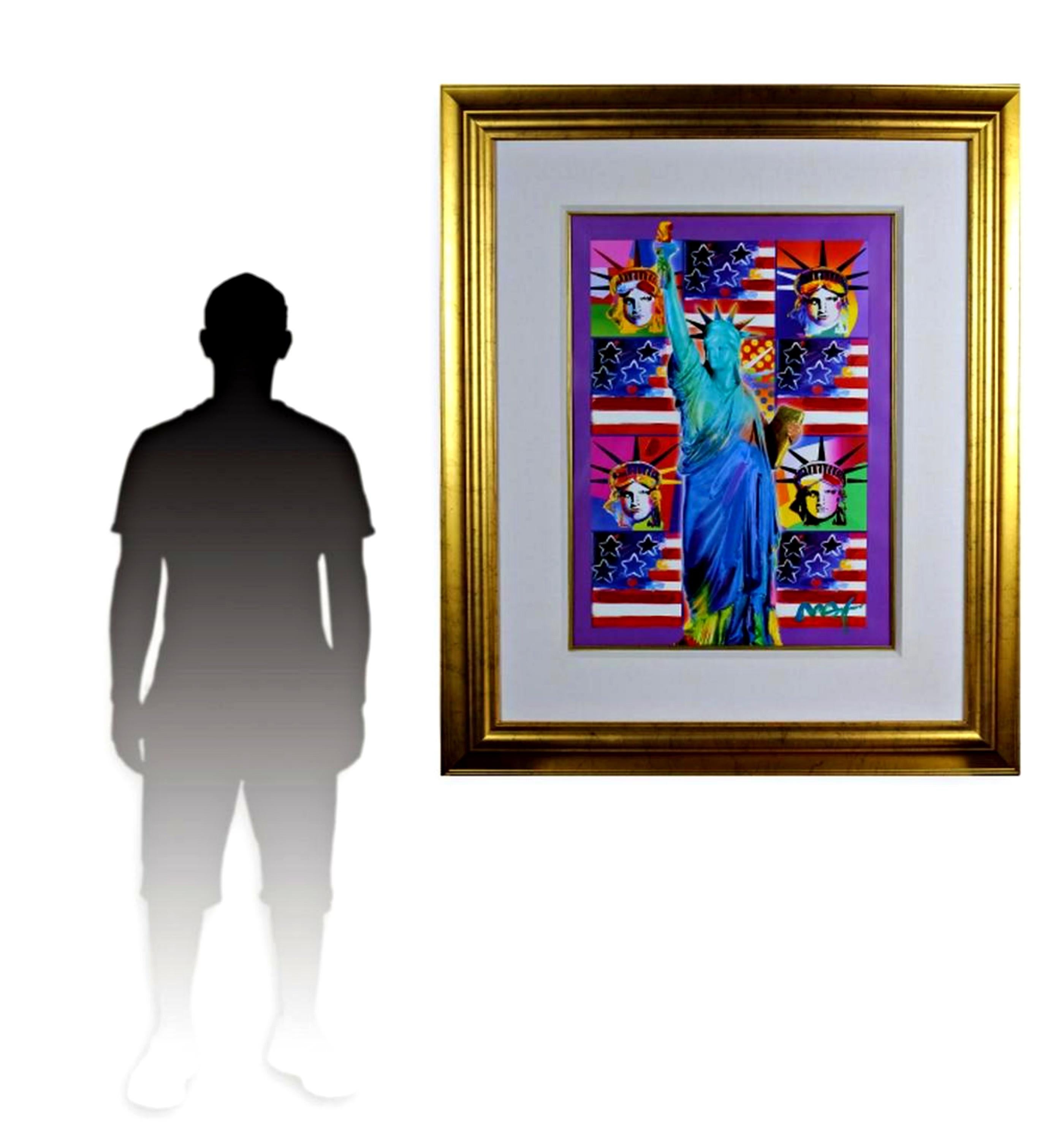 United We Stand: Four Statues of Liberty with Blue Unique Signed Painting Framed For Sale 2