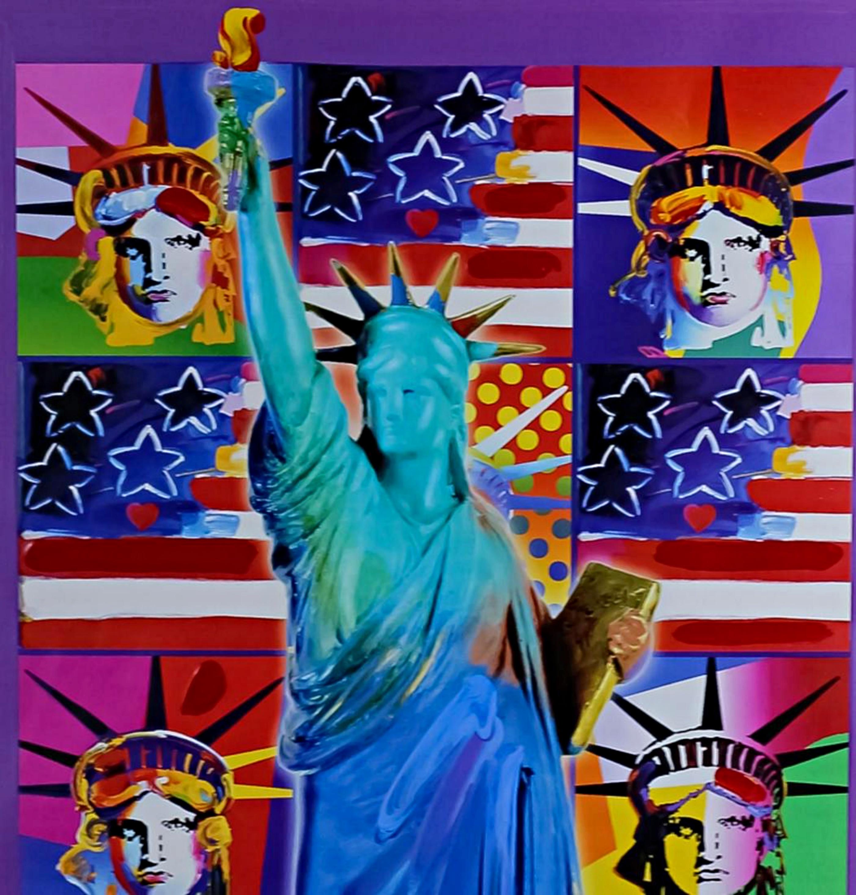 United We Stand: Four Statues of Liberty with Blue Unique Signed Painting Framed For Sale 3