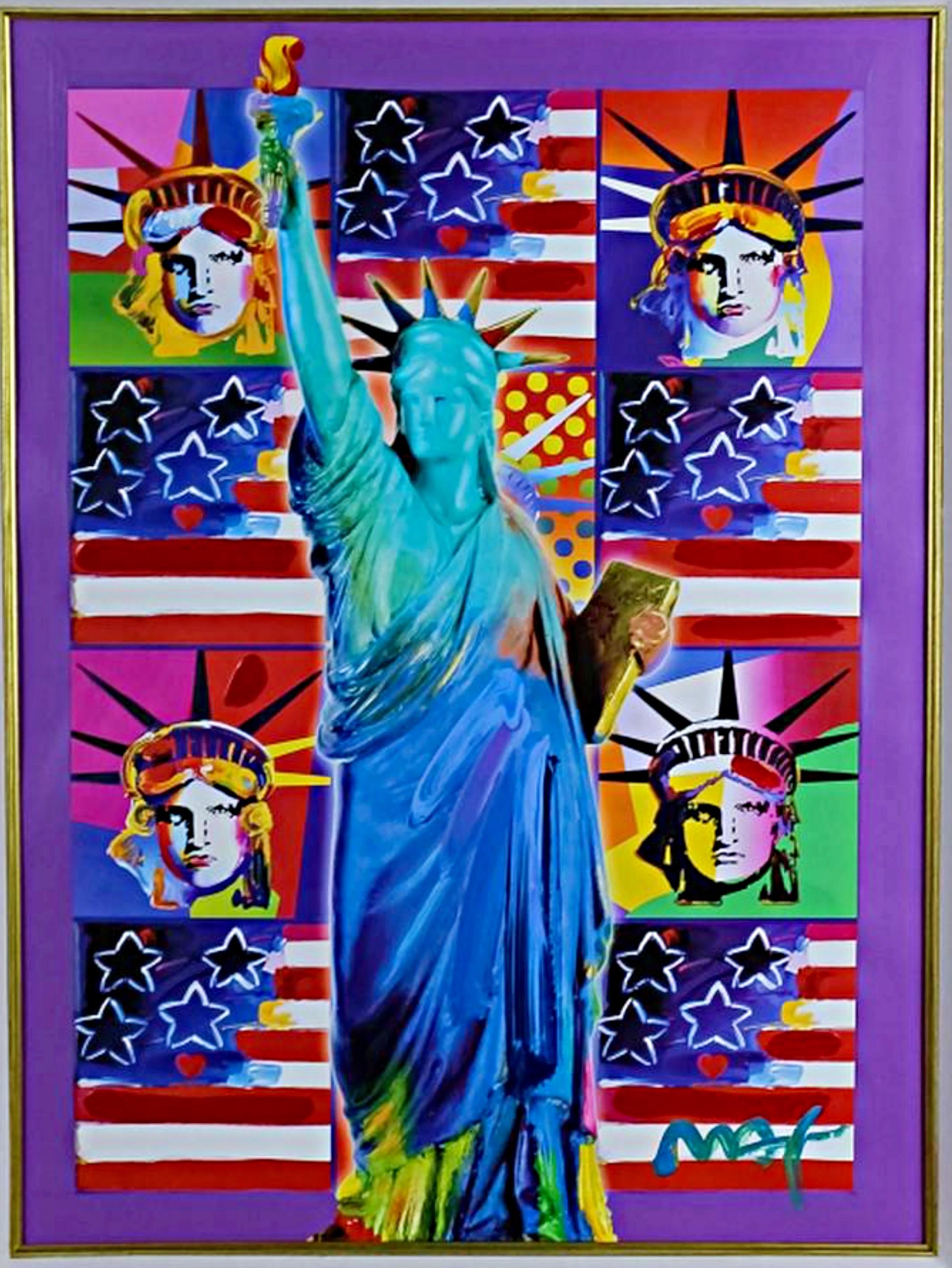 Peter Max Abstract Painting – United We Stand: Vier Freiheitsstatuen mit blauem, einzigartigem, signiertem, gerahmtem Gemälde