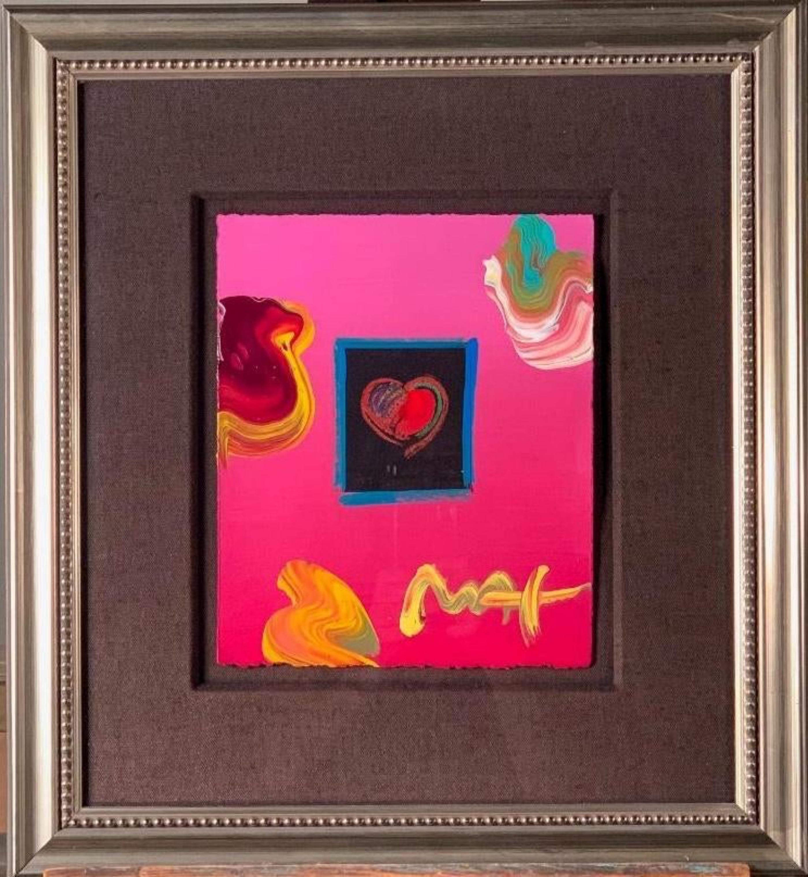 Peter Max
Heart Painting (signed twice, with an additional original drawing in black marker on the verso of frame), 2002
Acrylic on paper painting; with separate original drawing, signed and inscribed, verso of frame
The work is hand signed on the