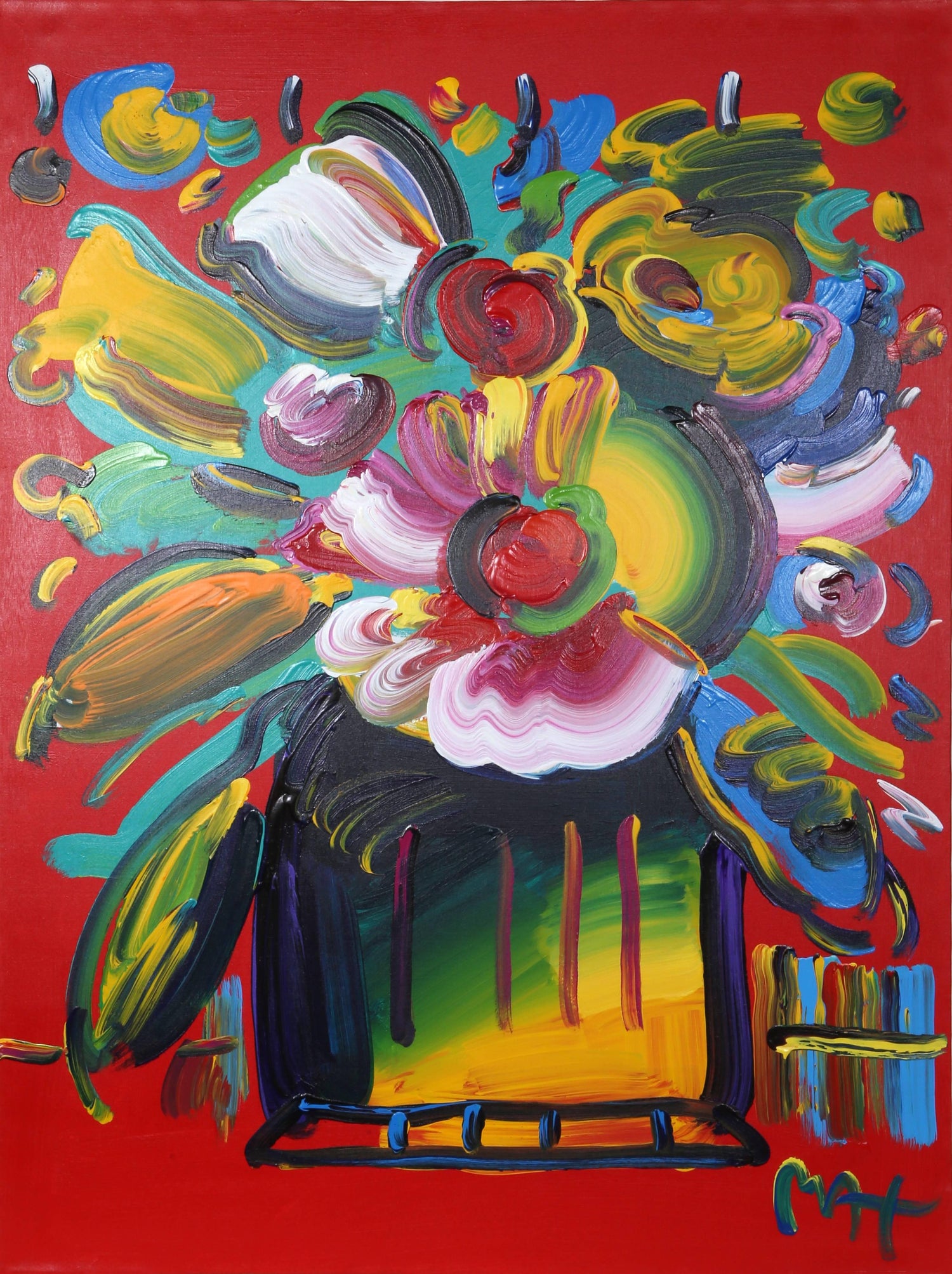 Peter Max Vase Of Flowers Acrylic Painting On Canvas By Peter