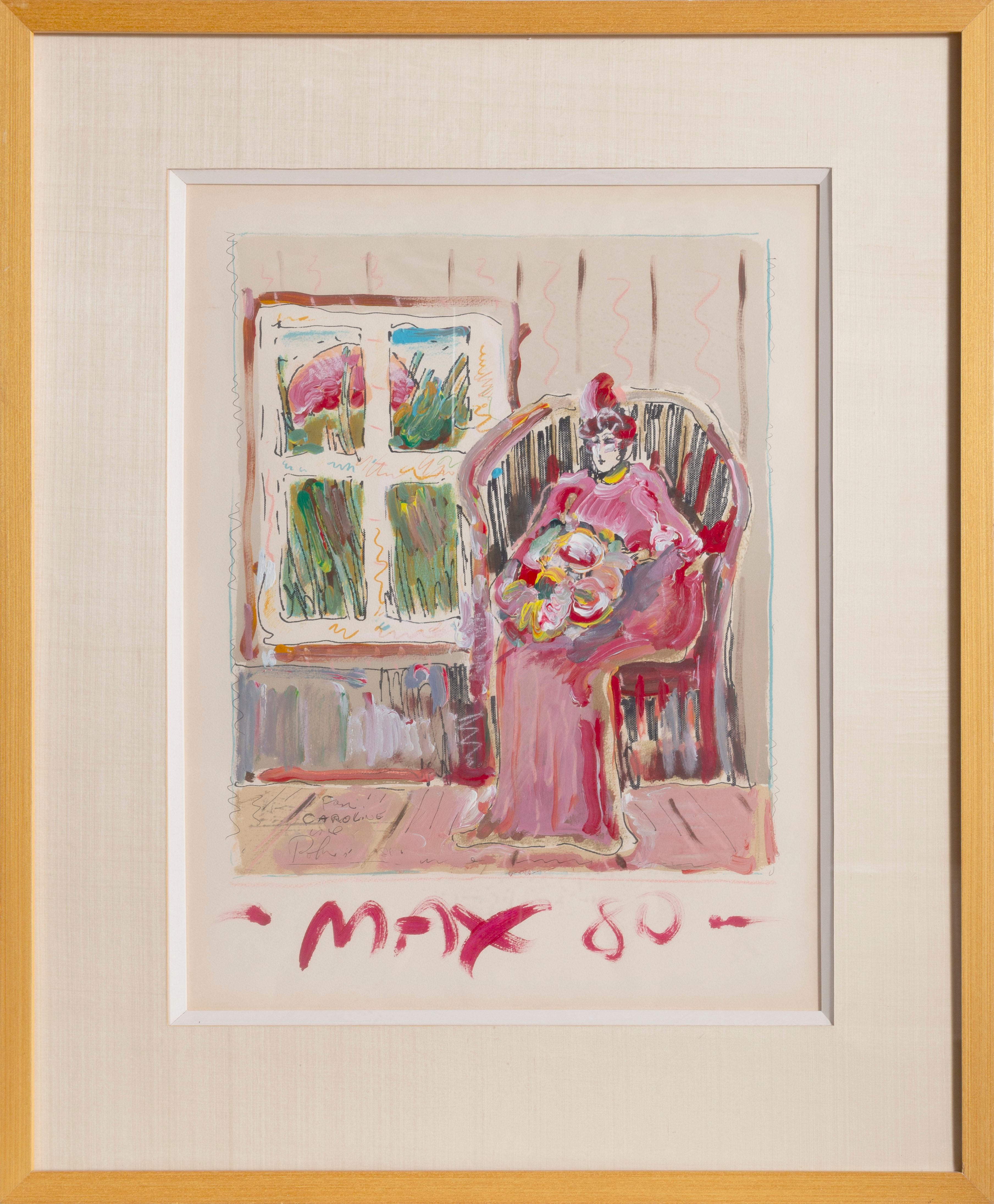 Artiste : Peter Max, allemand/américain (1937 - )
Titre : Femme assise
Année : 1980
Moyen : Lithographie avec de nombreuses peintures à la main, signée et datée à la peinture, dédiée à Carolyn
Taille : 25 x 19 pouces
Taille du cadre : 37,5 x 30,5