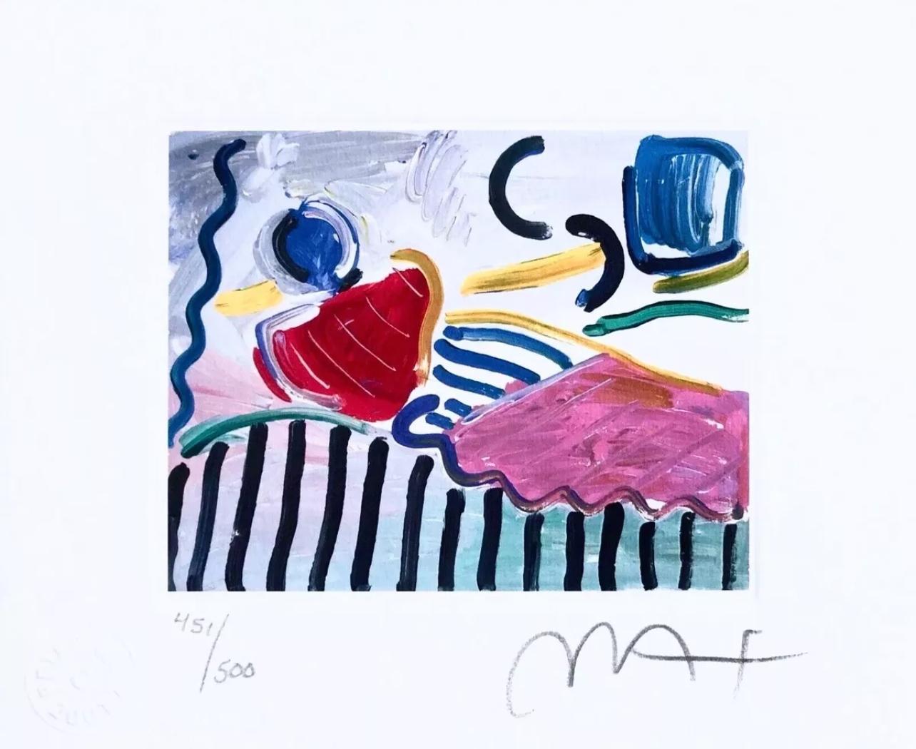 Artist: Peter Max (1937)
Title: Abstract Figure I
Year: 2001
Edition: 451/500, plus proofs
Medium: Lithograph on Lustro Saxony paper
Size: 5 x 6 inches
Condition: Excellent
Inscription: Signed and numbered by the artist.
Notes: Published by Via