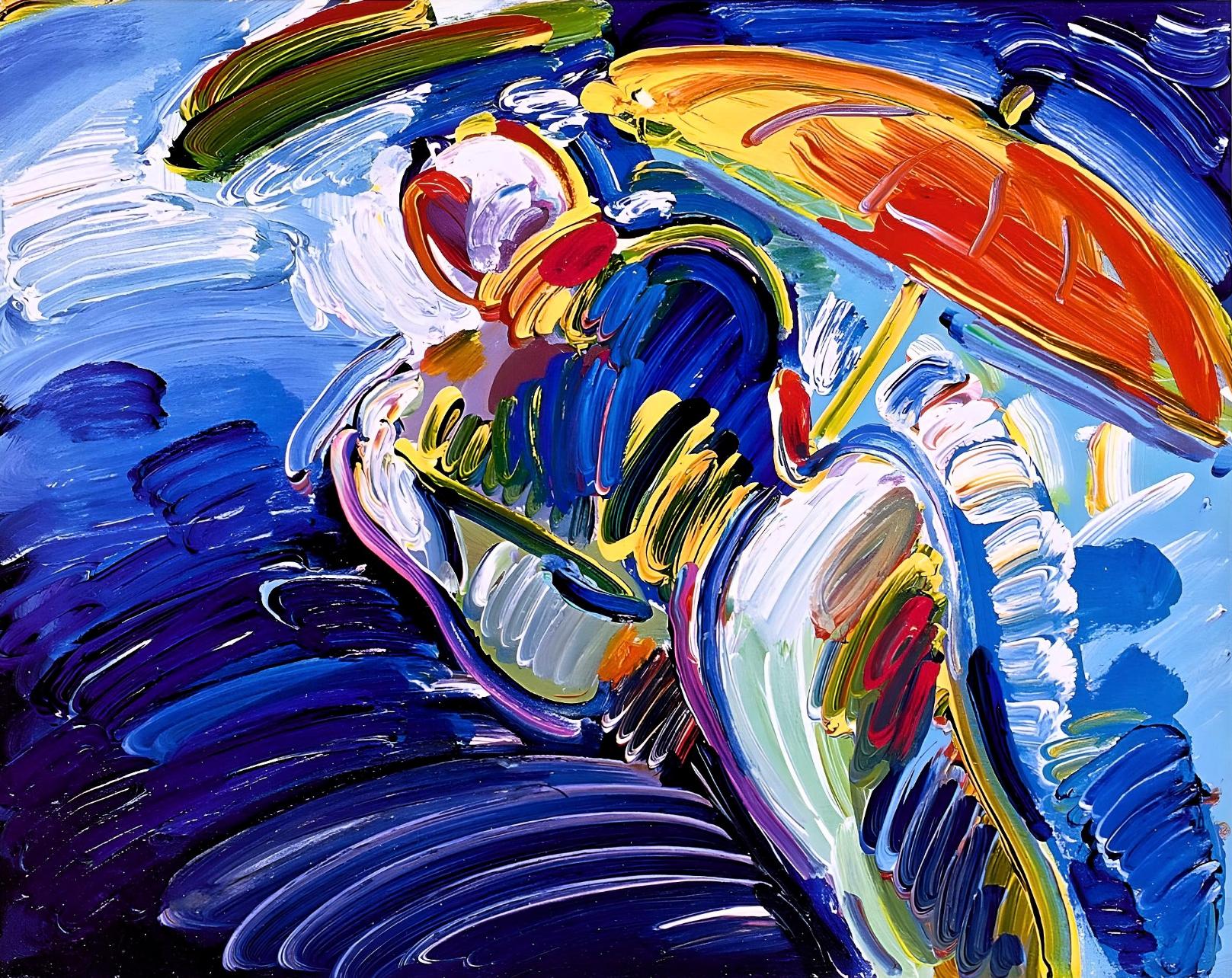 Artist: Peter Max (1937)
Title: Abstract Figure With Umbrella
Year: 2001
Edition: 500/500, plus proofs
Medium: Lithograph on archival paper
Size: 9 x 11 inches
Condition: Excellent
Inscription: Signed and numbered by the artist.
Notes: Published by