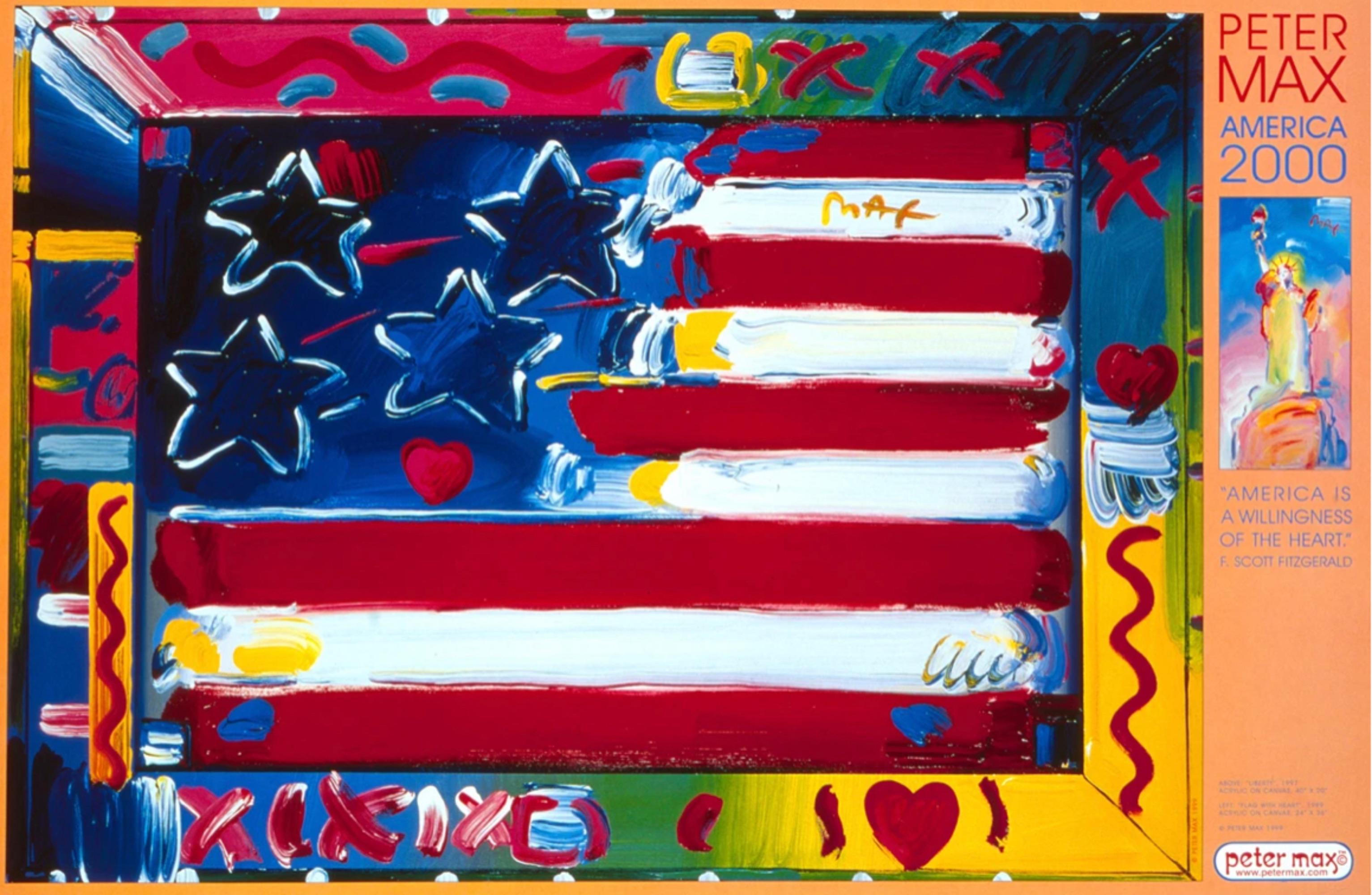 Artist: Peter Max (1937)
Title: America 2000
Year: 1999
Medium: Offset lithograph on premium paper
Size: 24 x 36 inches
Condition: Excellent
Inscription: Signed by the artist.
Notes: Published by Via Max. Sold signed by the artist and dedicated to