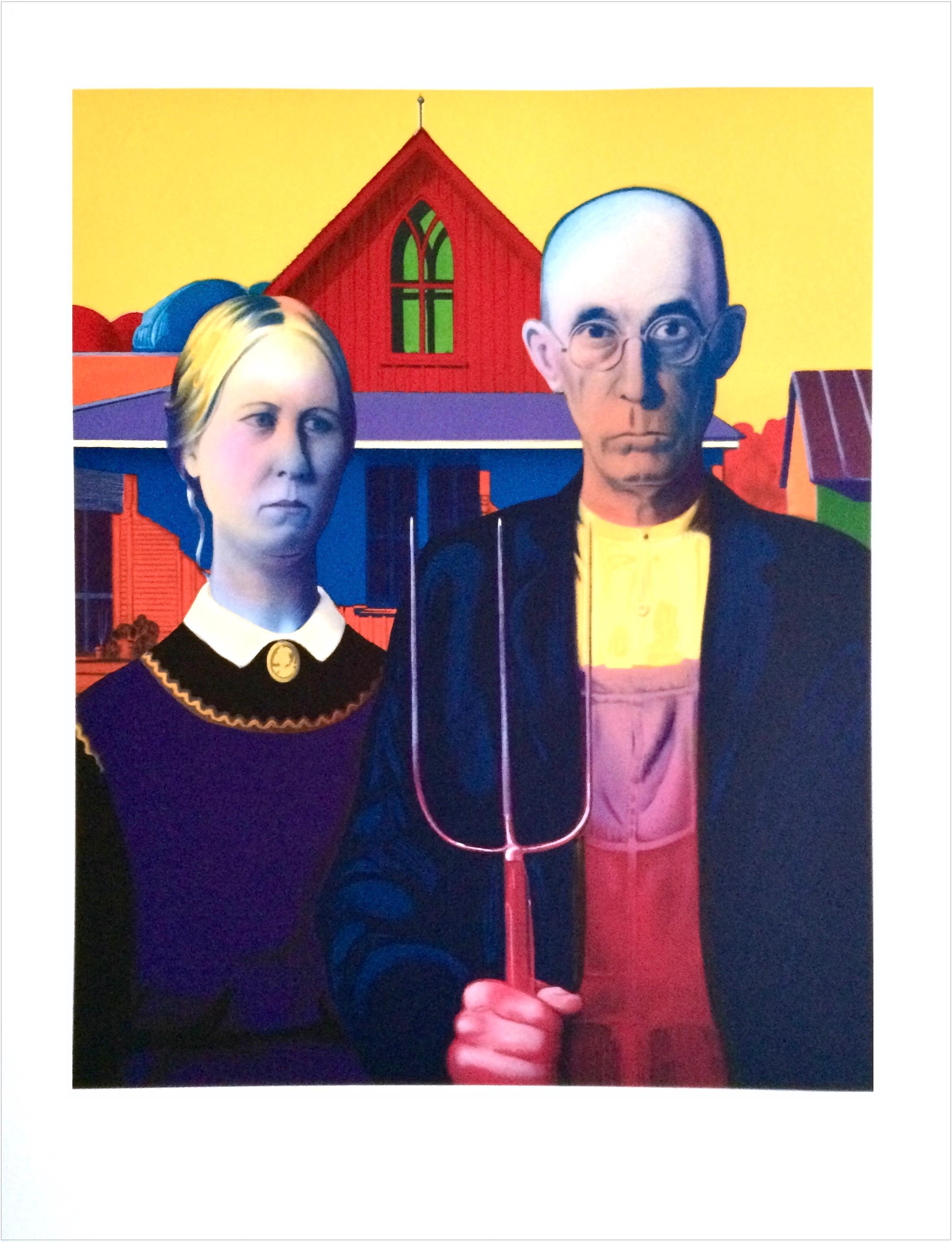 Peter Max Portrait Print - AMERICAN GOTHIC Lithograph Pop Portrait after Grant Wood, Midwest Couple