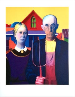 AMERICAN GOTHIC Litografia Ritratto pop di Grant Wood, Coppia del Midwest