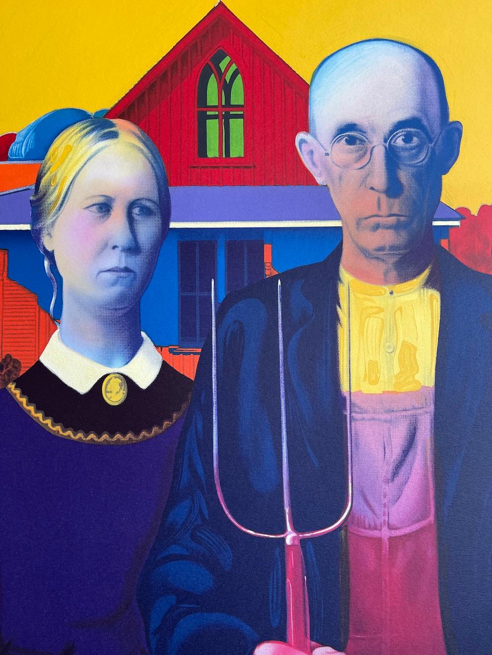 Ritratto pop in litografia AMERICAN GOTHIC, coppia del Midwest, casa gotica del falegname - Print di Peter Max