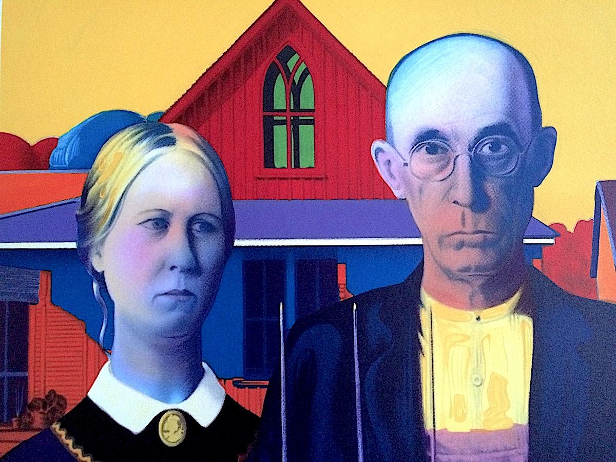 Ritratto pop in litografia AMERICAN GOTHIC, coppia del Midwest, casa gotica del falegname - Print Pop Art di Peter Max