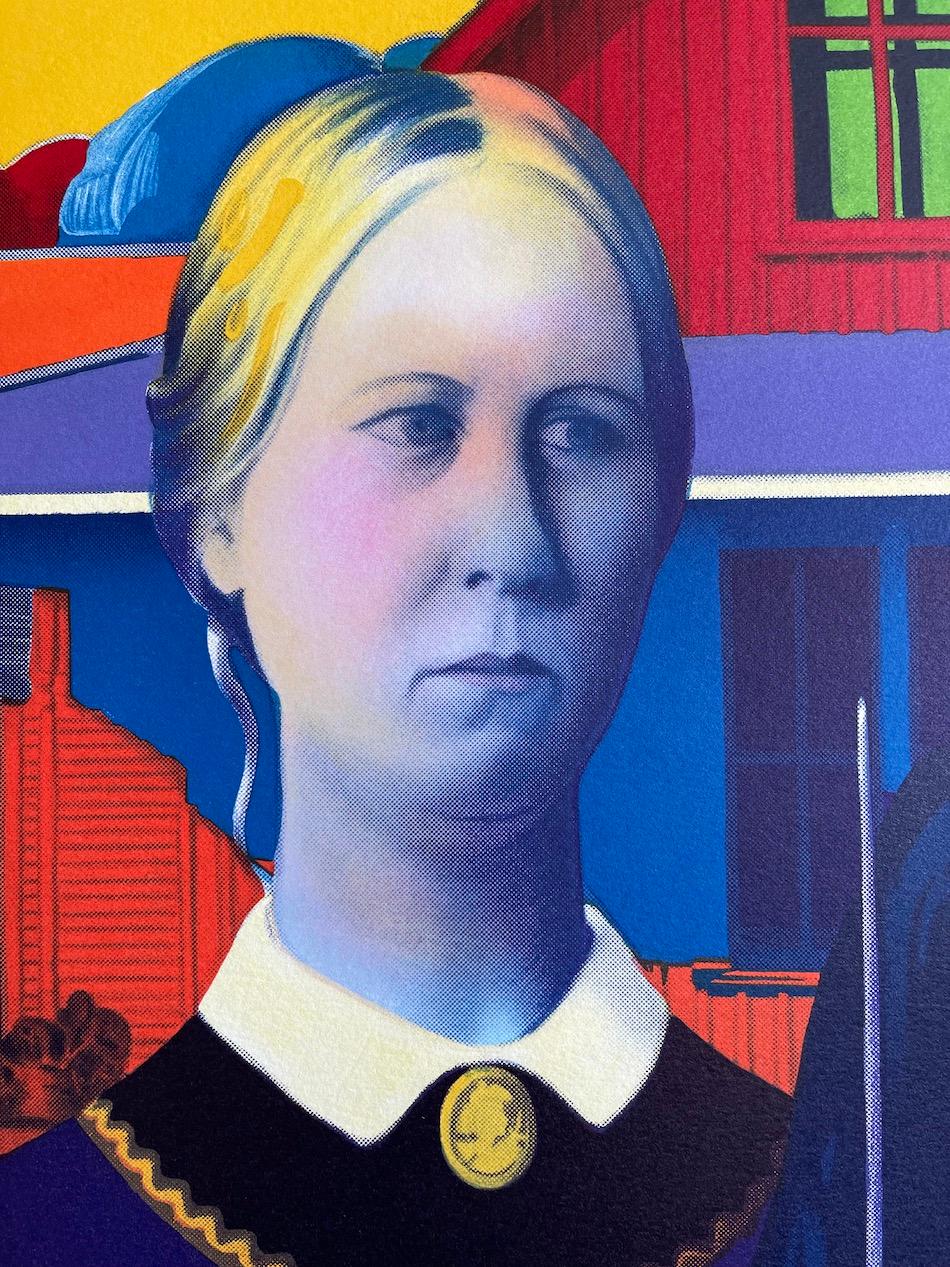 Ritratto pop in litografia AMERICAN GOTHIC, coppia del Midwest, casa gotica del falegname - Portrait Print Viola di Peter Max