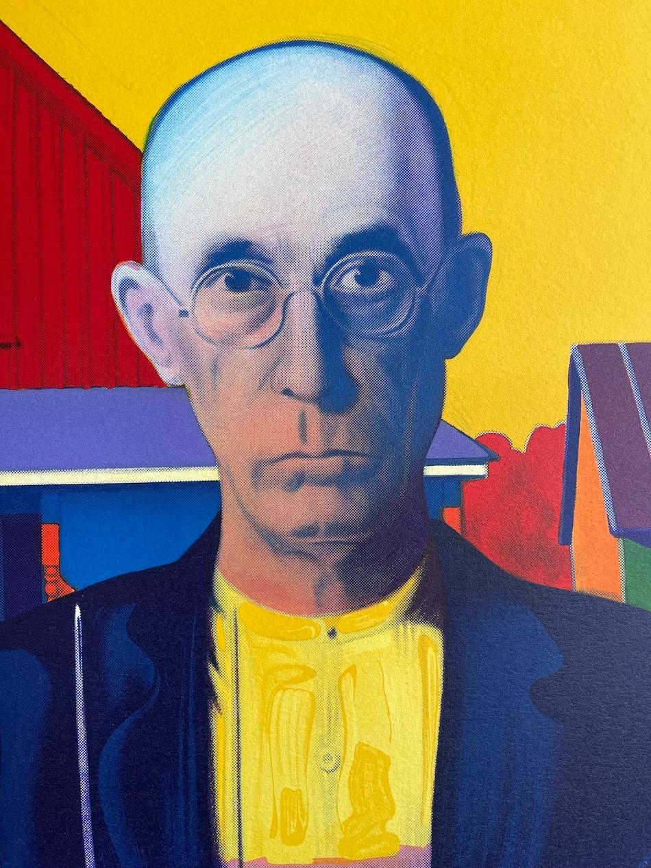 AMERICAN GOTHIC è una coloratissima litografia in edizione limitata dell'artista americano e icona della Pop Art Peter Max, stampata con tecniche di litografia tradizionale su carta da stampa bianca d'archivio, 100% priva di acidi. AMERICAN GOTHIC è