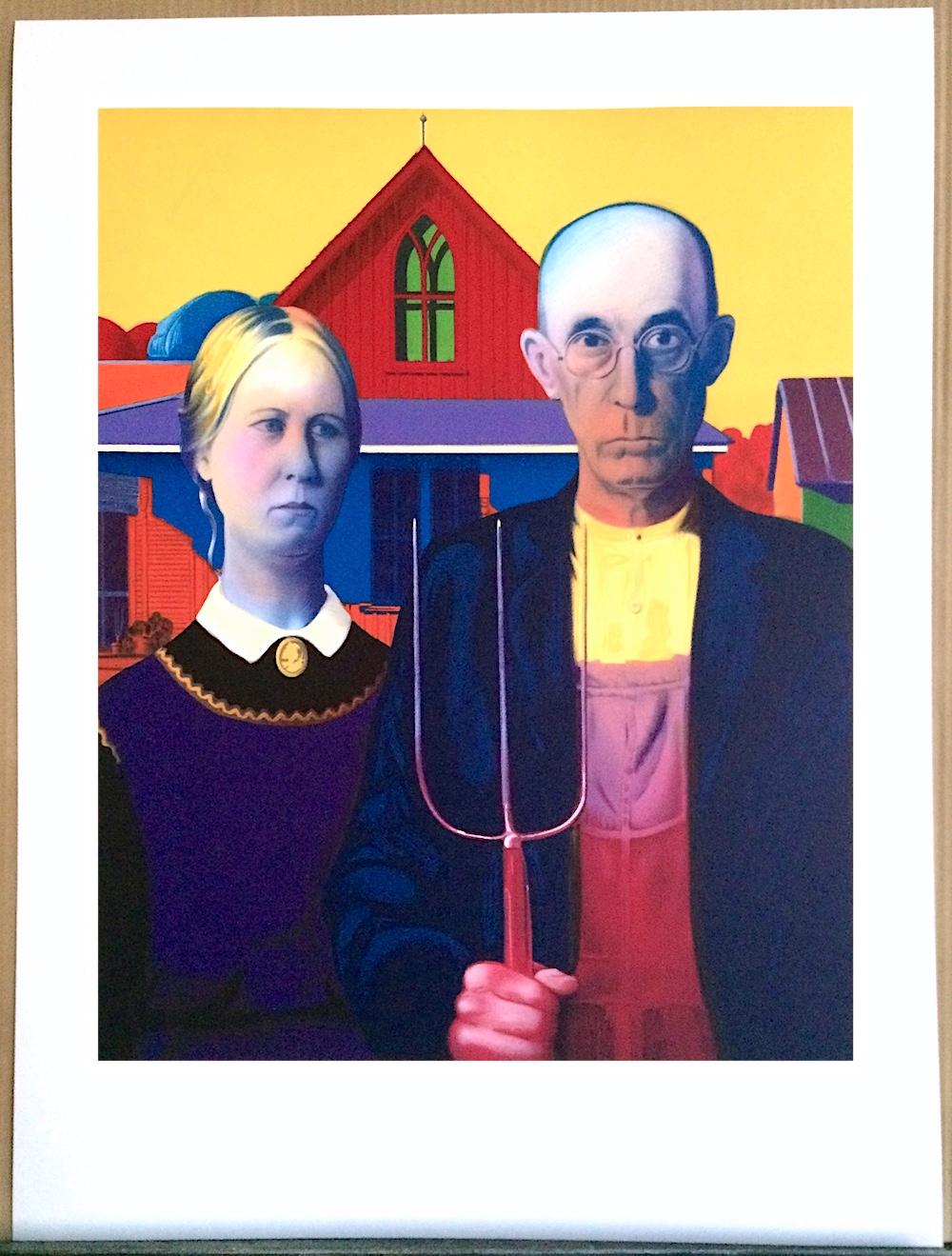 AMERICAN GOTHIC Lithograph Pop Portrait, Midwest Couple, Carpenter Gothic House  1