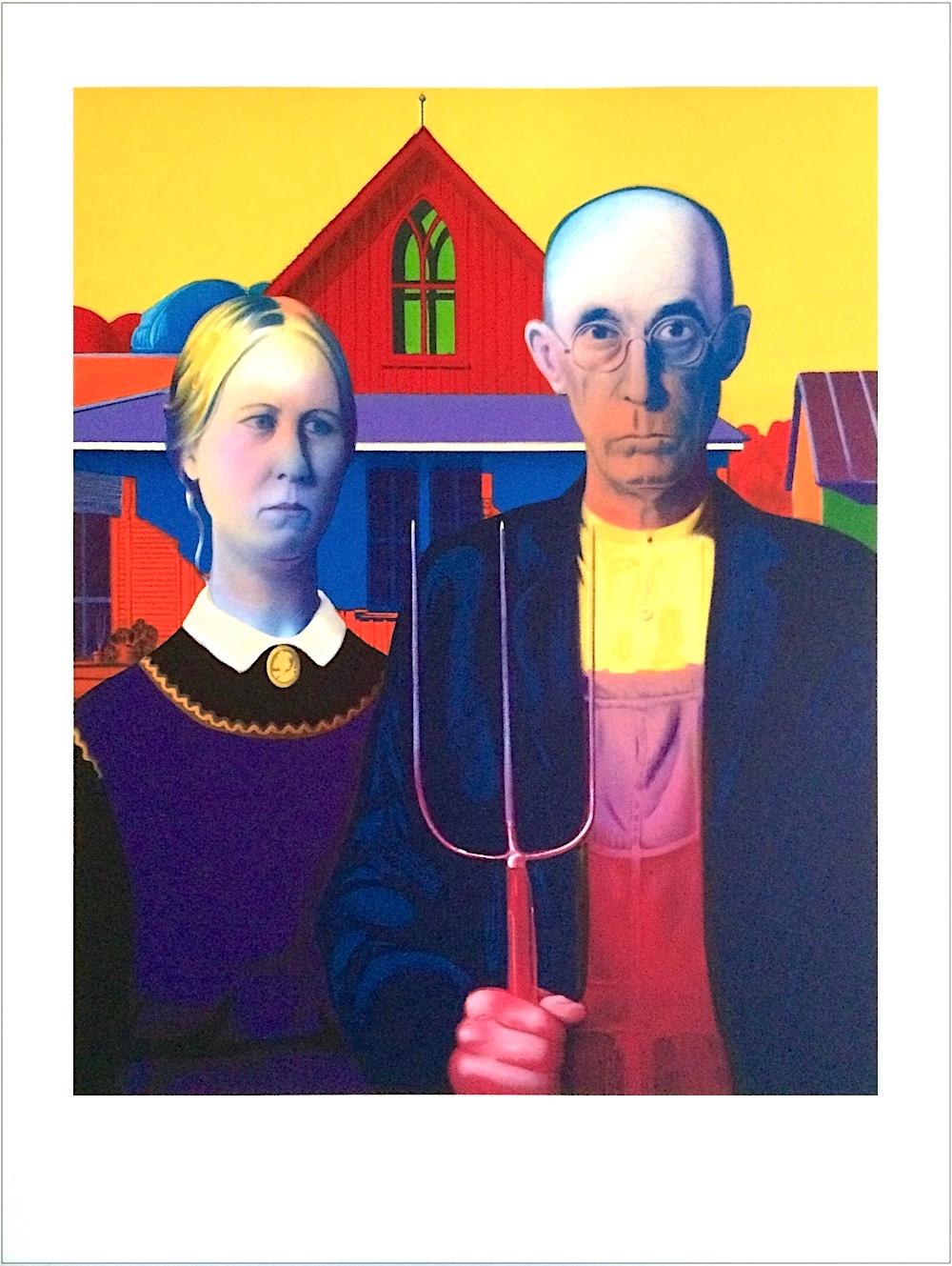 AMERICAN GOTHIC Lithograph Portrait Midwest Couple, Yellow Sky, Red Purple Roof