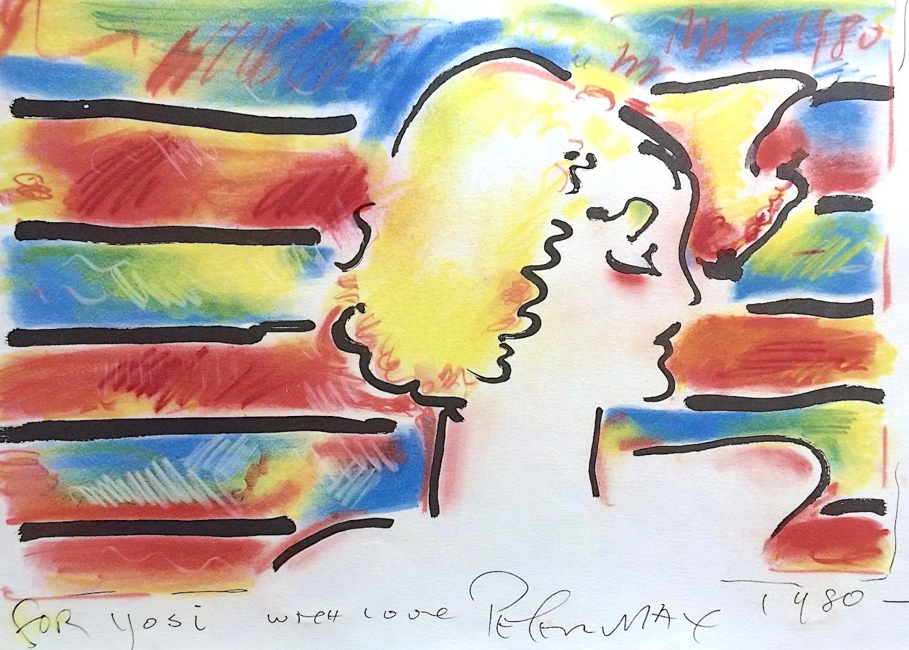 AMERICAN WOMAN Hand Colored Lithograph, Pastel Lady Portrait, Yellow Red Blue - Print by Peter Max