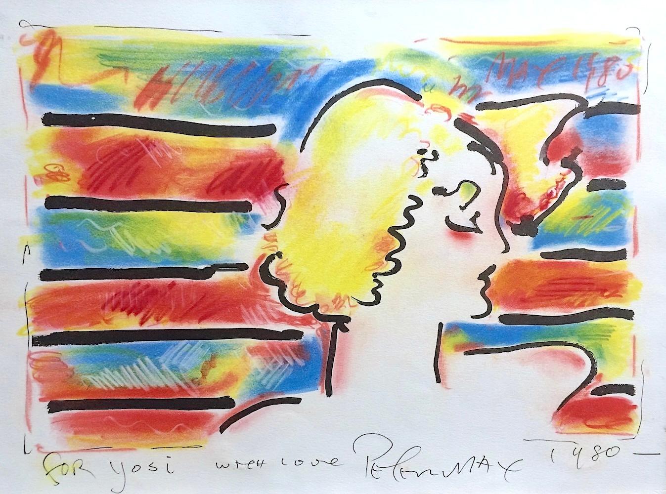 Peter Max Interior Print – AMERICAN WOMAN Handkolorierte Lithographie, Pastell Damenportrait, Gelb Rot Blau