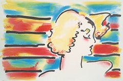 AMERIKANERIN Original Lithographie:: Pop Art Portrait:: blonde Frau:: Streifen