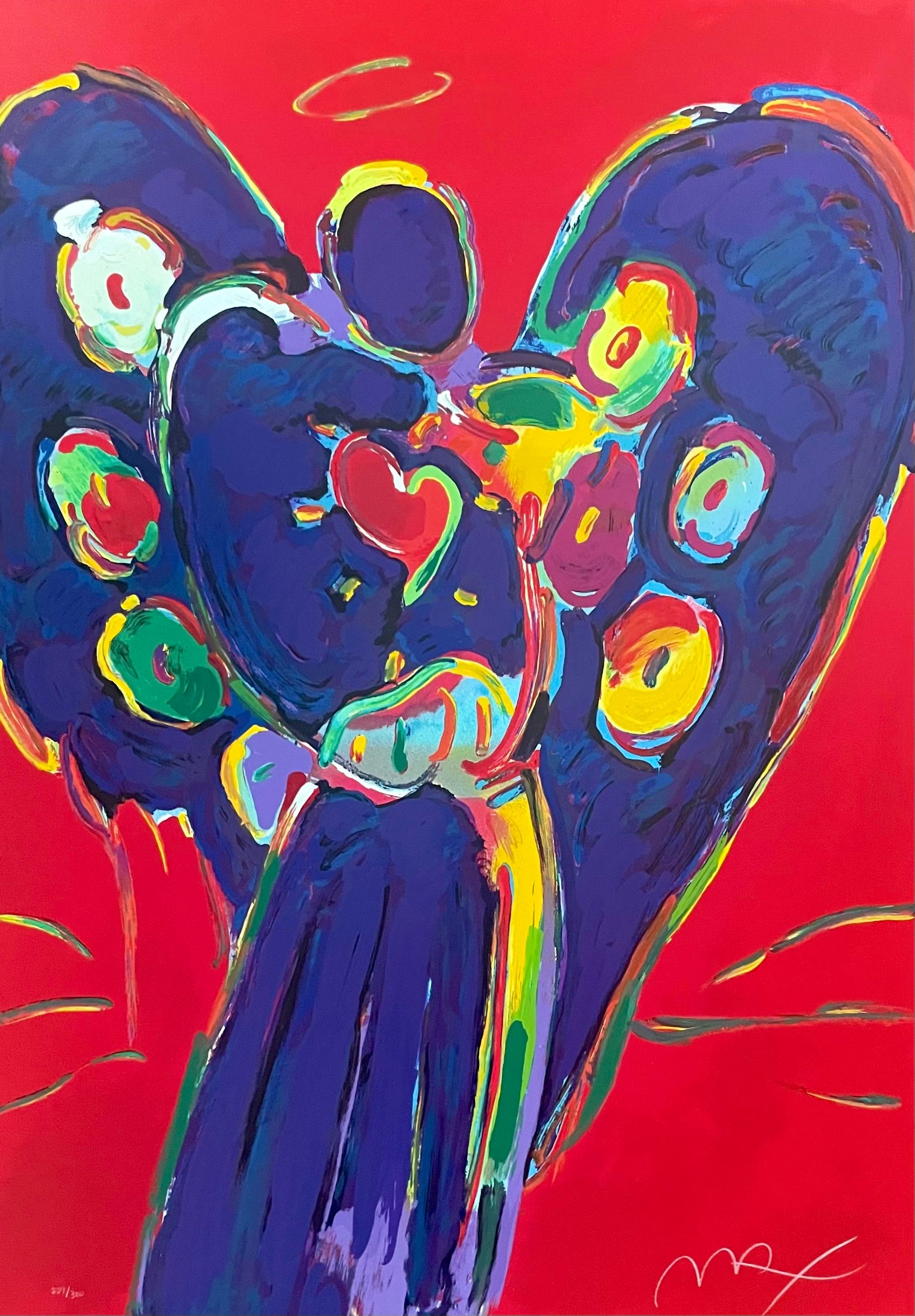 Artist: Peter Max (1937)
Title: Angel, Heart on Red
Year: 1996
Edition: 229/300
Medium: Silkscreen on Essex paper
Size: 39.25 x 27 inches
Condition: Excellent
Inscription: Signed and numbered by the artist
Notes: Published by Via Max.

PETER MAX