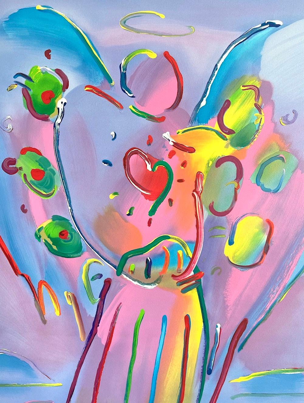 ANGEL WITH HEART Signed Lithograph, Guardian Angel, Red Heart, Rainbow Colors - Print by Peter Max
