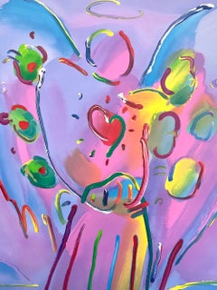 Lithographie signée ANGEL WITH HEART, ange gardien, cœur rouge, couleurs arc-en-ciel