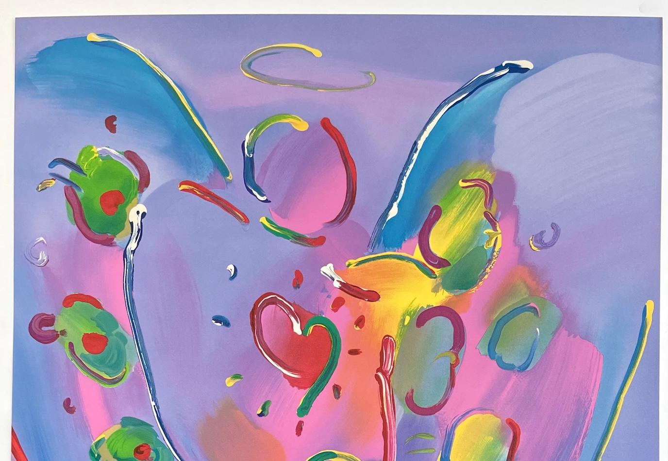 ANGEL WITH HEART Signed Lithograph, Guardian Angel, Red Heart, Rainbow Colors - Purple Portrait Print by Peter Max