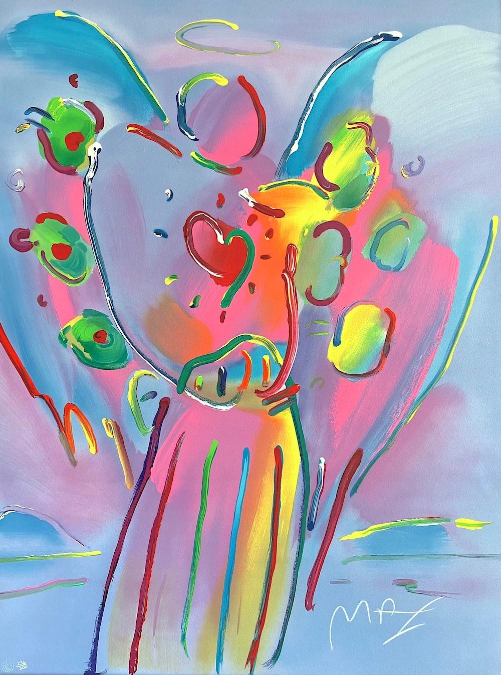 Peter Max Figurative Print - ANGEL WITH HEART Signed Lithograph, Guardian Angel, Red Heart, Rainbow Colors