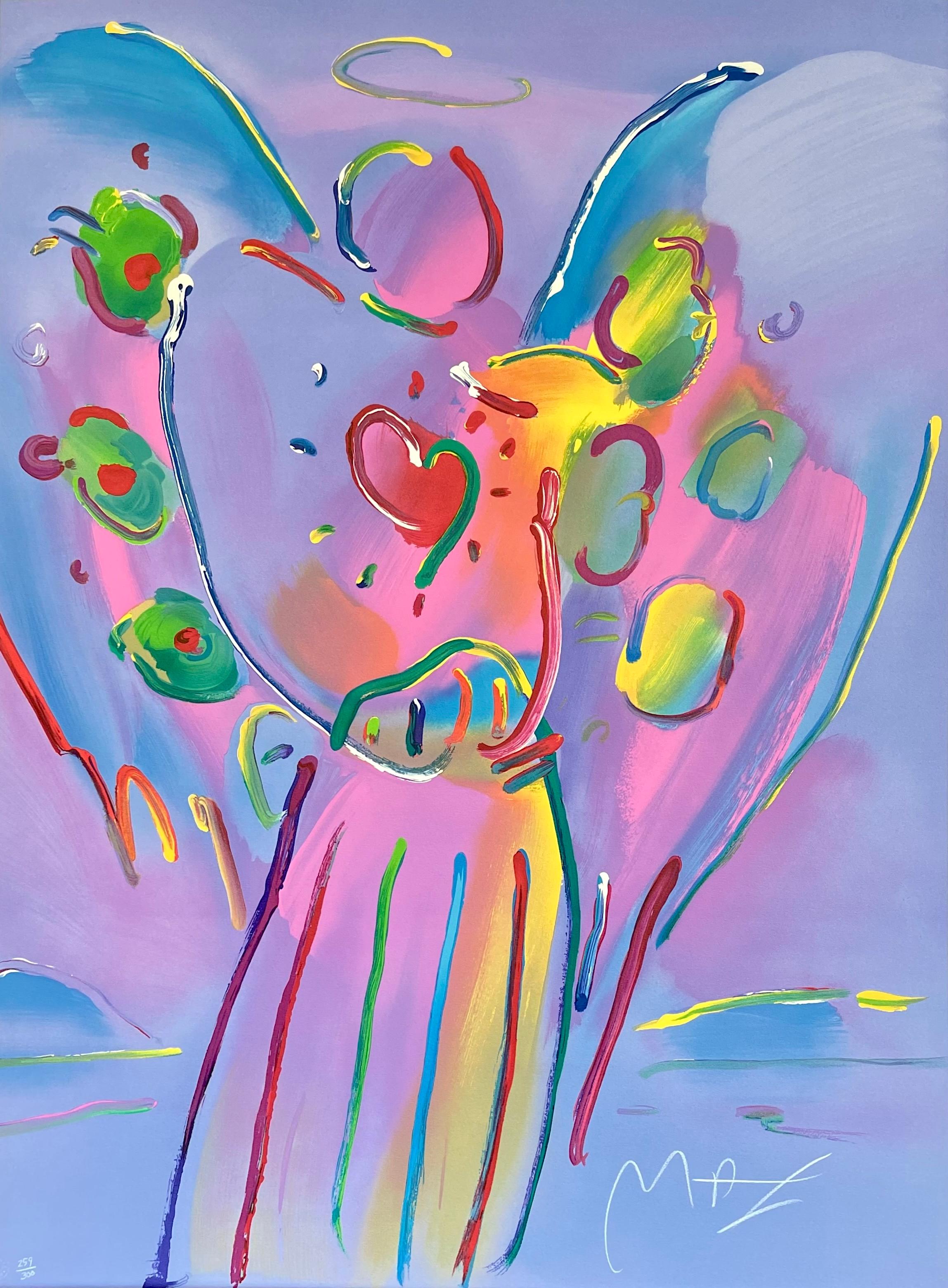 Lithographie signée ANGEL WITH HEART, ange gardien, cœur rouge, couleurs arc-en-ciel