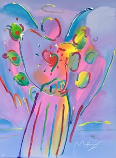 ÁNGEL CON CORAZÓN Litografía firmada, Ángel de la Guarda, Corazón rojo, Colores del arco iris