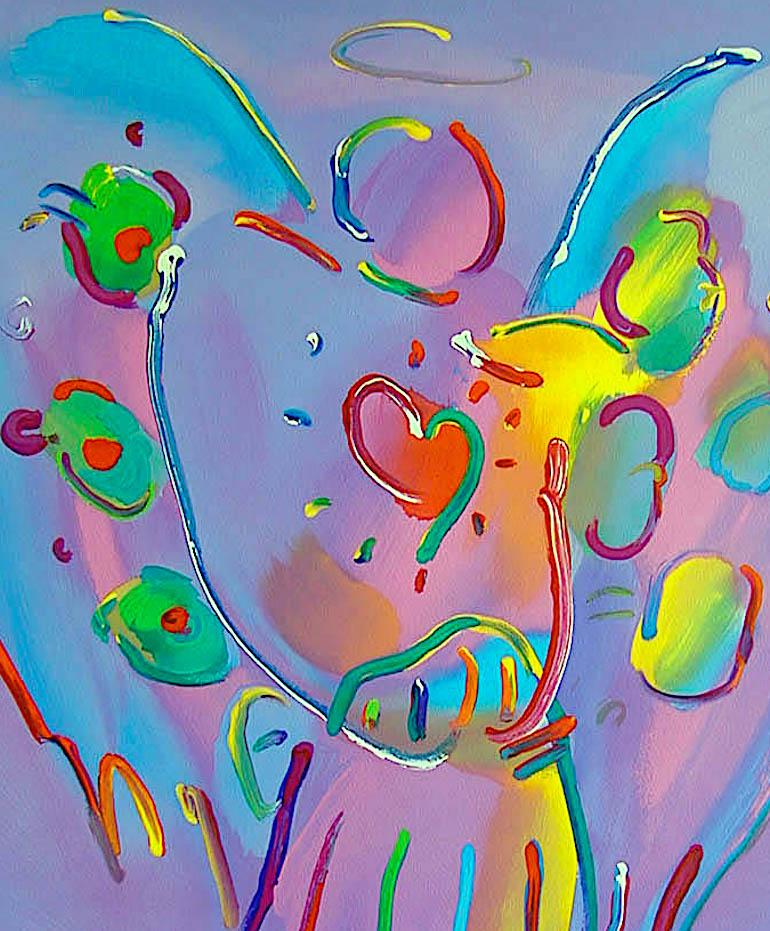 ANGEL WITH HEART Signed Lithograph, Pop Art Guardian Angel, Red Heart , Lavender - Print by Peter Max