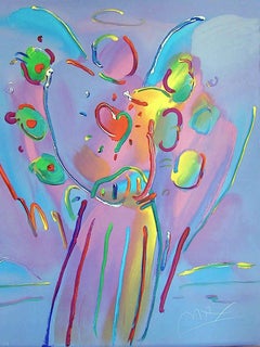 ANGEL WITH HEART Signed Lithograph, Pop Art Guardian Angel, Red Heart , Lavender
