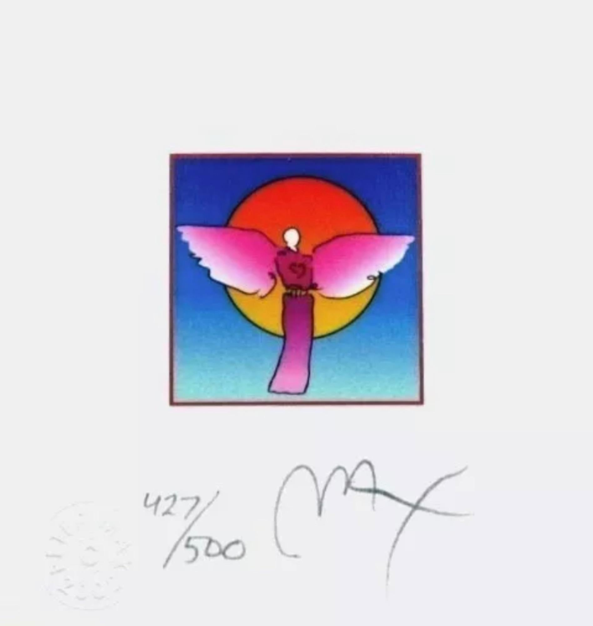 Artist: Peter Max (1937)
Title: Angel with Sun II
Year: 2002
Edition: 427/500, plus proofs
Medium: Lithograph on Lustro Saxony paper
Size: 4.87 x 4.5 inches
Condition: Excellent
Inscription: Signed and numbered by the artist.
Notes: Published by Via