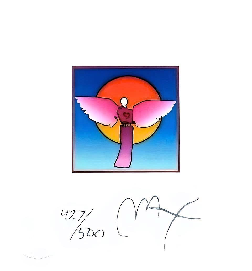 Artist: Peter Max (1937)
Title: Angel with Sun II
Year: 2002
Edition: 427/500, plus proofs
Medium: Lithograph on Lustro Saxony paper
Size: 4.87 x 4.5 inches
Condition: Excellent
Inscription: Signed and numbered by the artist.
Notes: Published by Via
