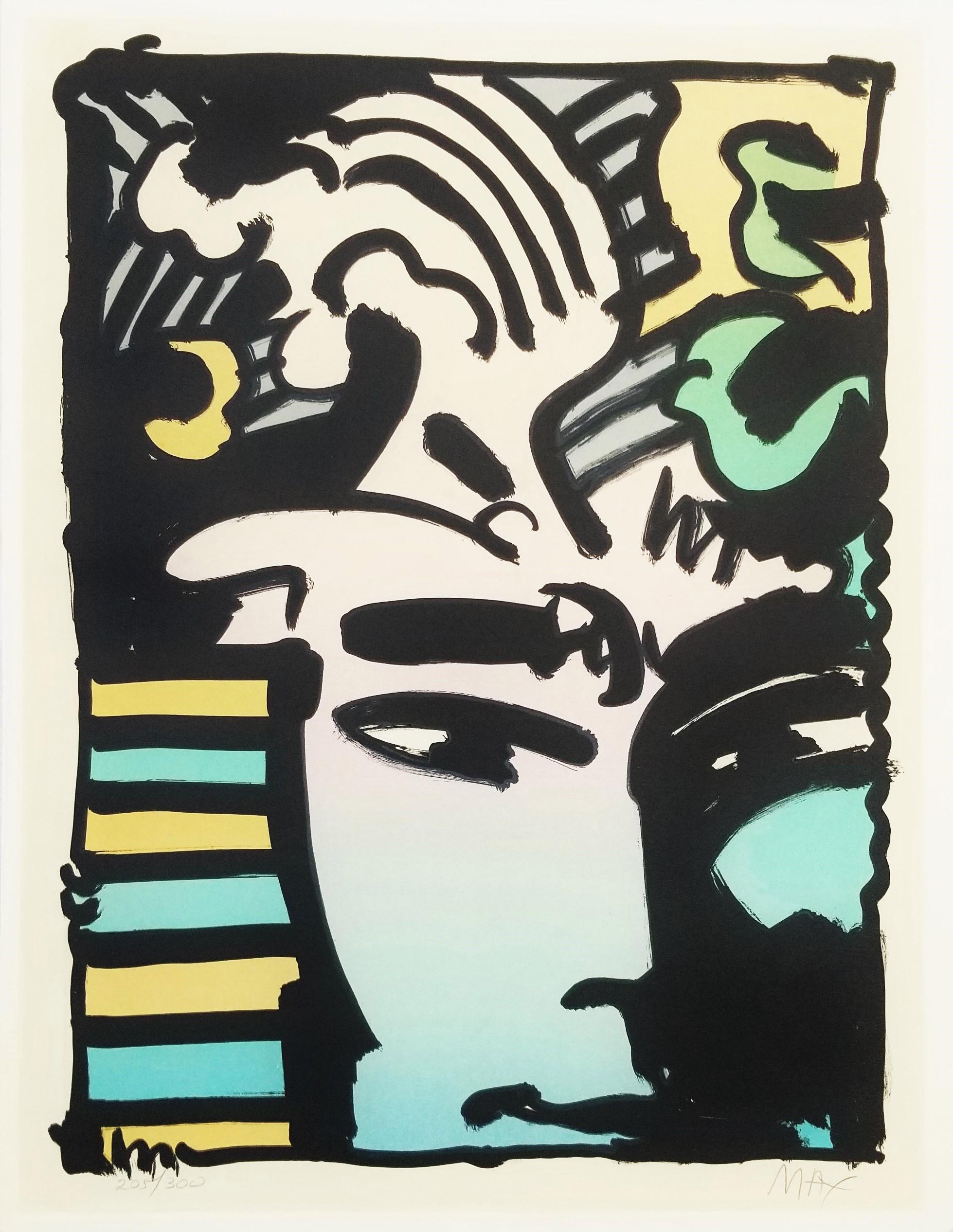 Aztec Man /// Peter Max Porträt Pop Art Bunte Fantasie Lithographie Moderne Kunst im Angebot 1