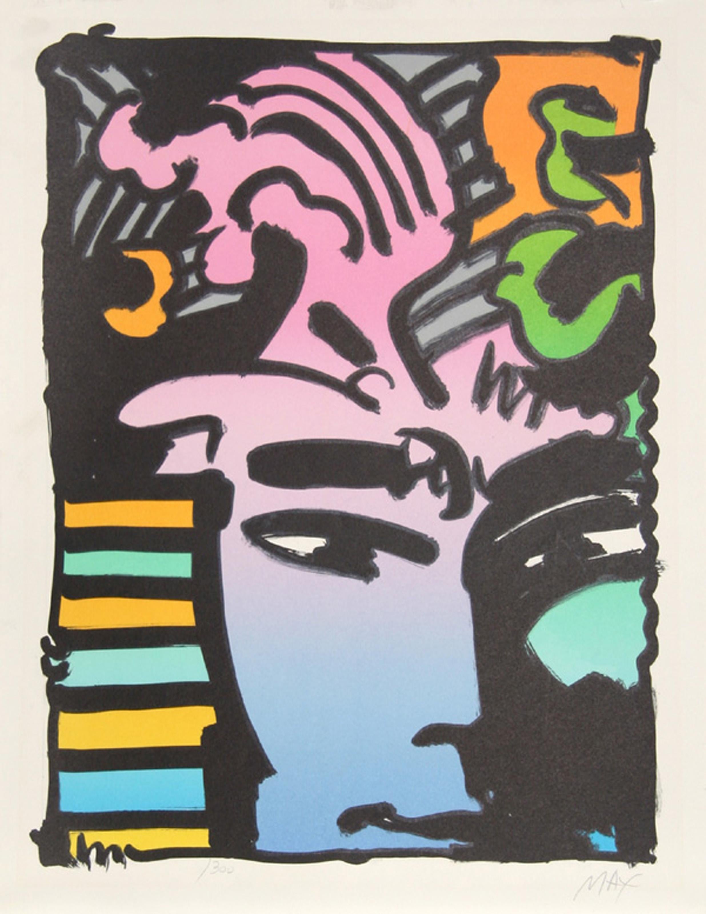 Peter Max, German/American (1937 - ) - Aztec Man, Year:  1973, Medium:  Lithograph, Signed and Numbered in Pencil, Edition:  300, Size:  26 in. x 20 in. (66.04 cm x 50.8 cm), Description:  A close-up portrait of a man wearing elaborate