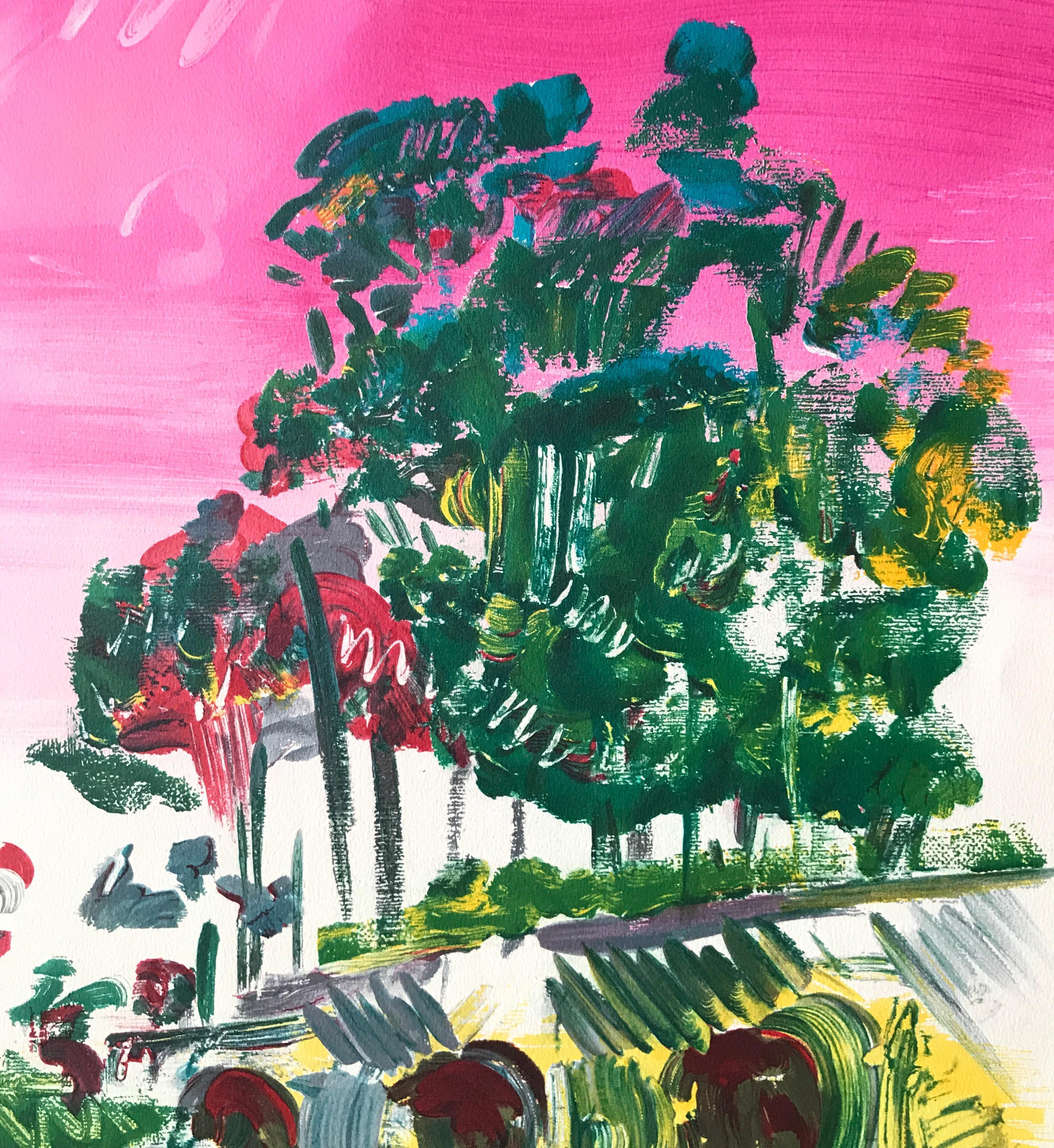 BALBOA PARK Signed Lithograph, Tower San Diego California, Pop Art Landscape - Print by Peter Max