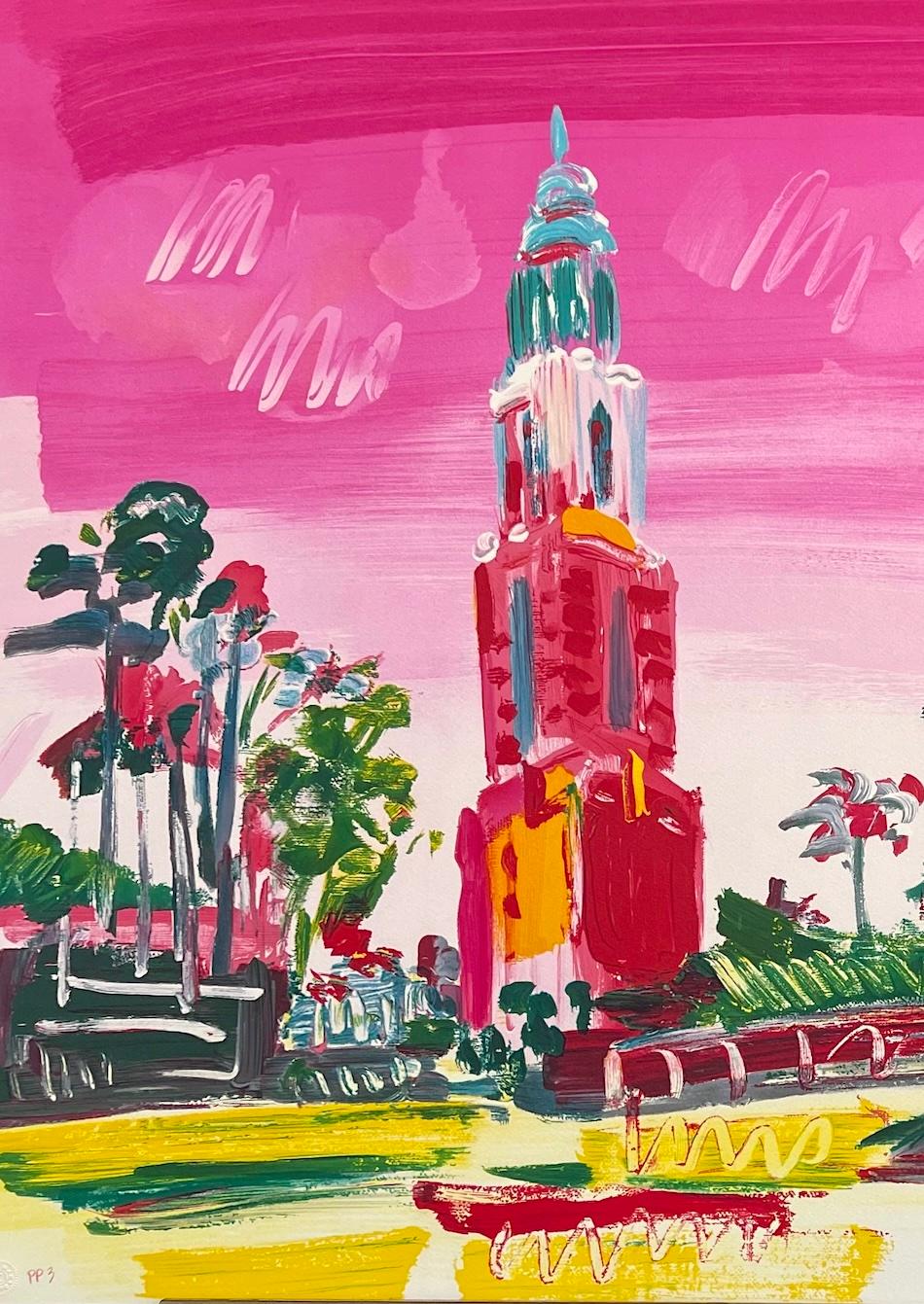 BALBOA PARK Litografía firmada, Torre San Diego California, Paisaje Pop Art - Print de Peter Max