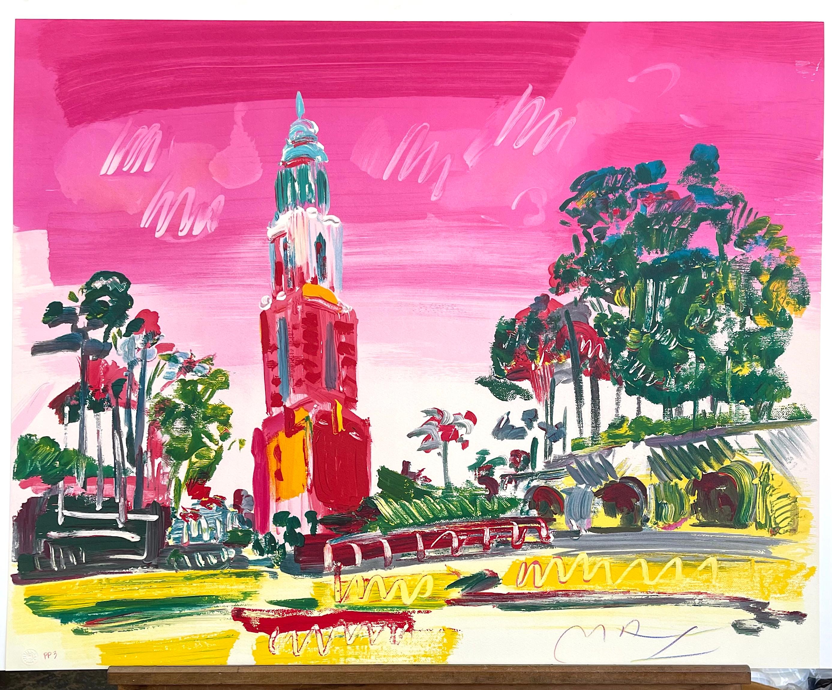 BALBOA PARK Signed Lithograph, Tower San Diego California, Pop Art Landscape For Sale 1