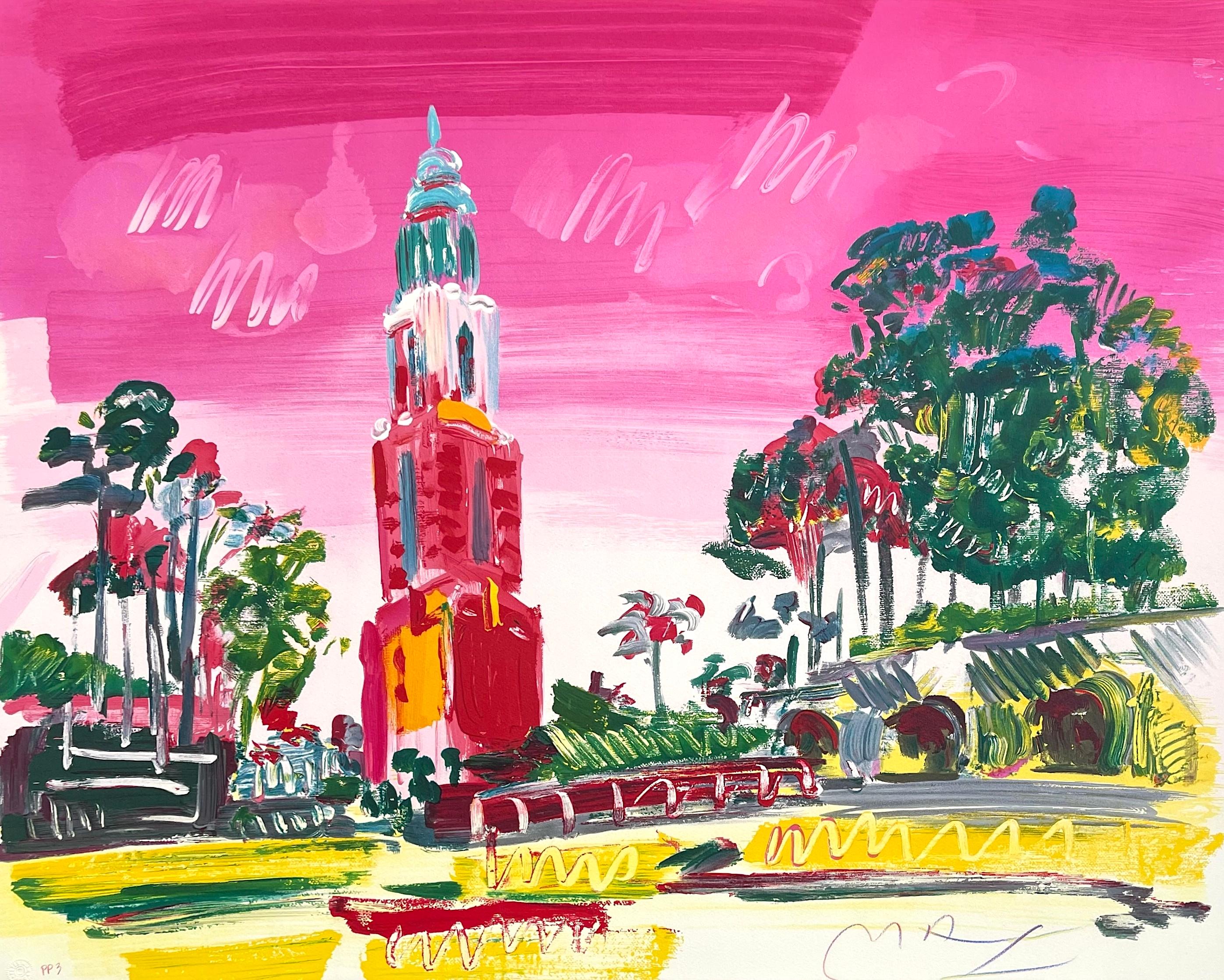 Peter Max Landscape Print - BALBOA PARK Signed Lithograph, Tower San Diego California, Pop Art Landscape